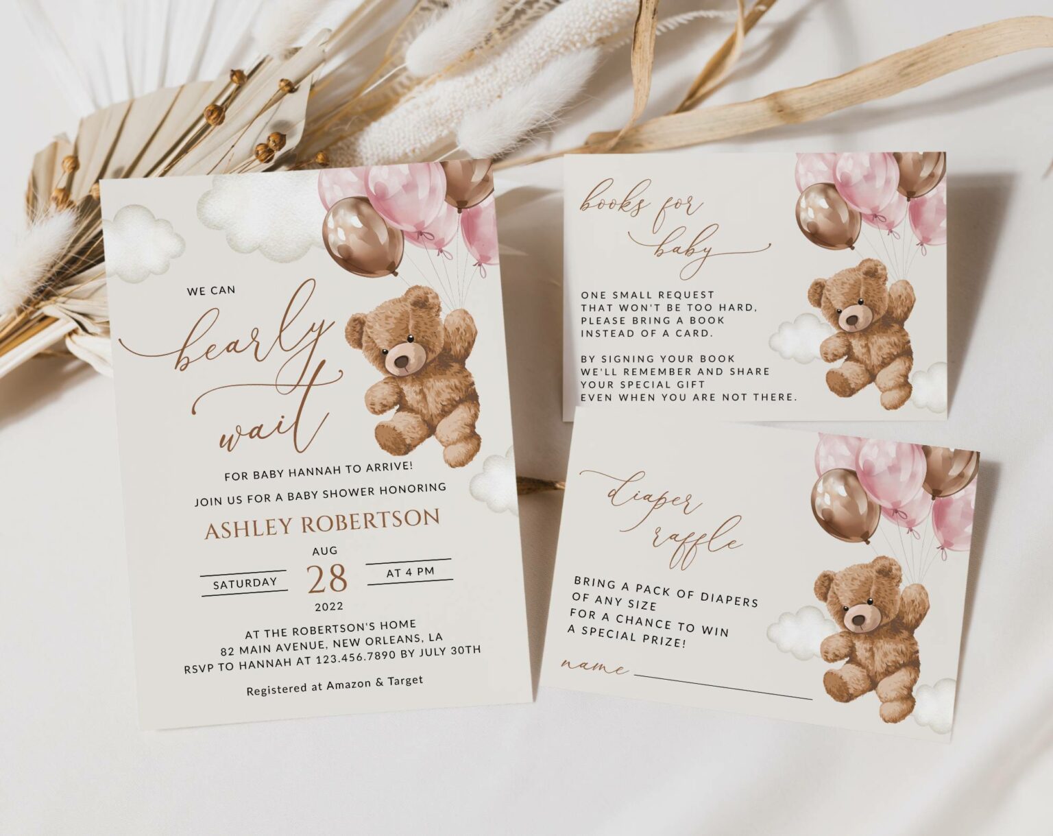 Teddy Bear with Pink Balloons Baby Shower Invitation Suite