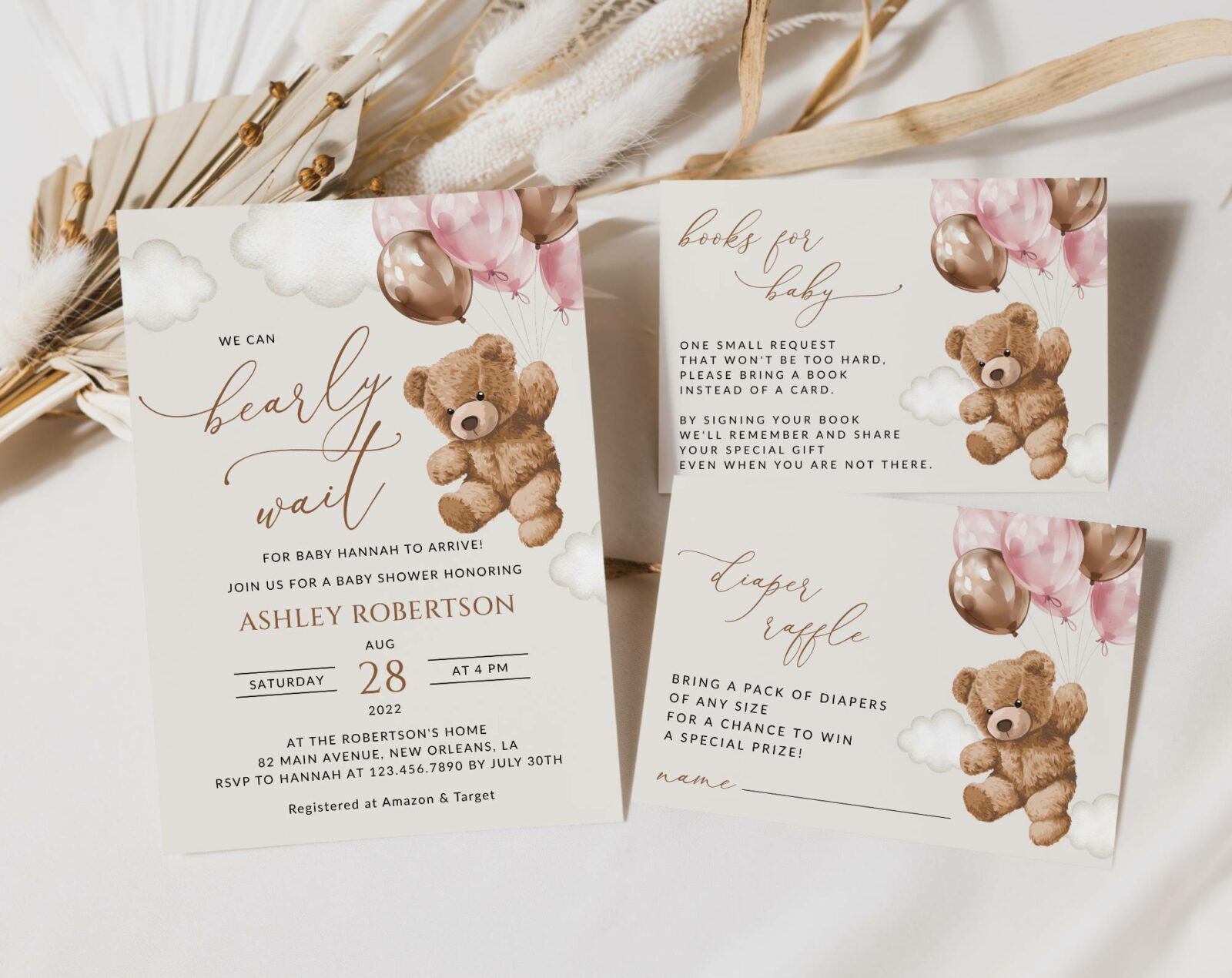 Teddy Bear with Pink Balloons Baby Shower Invitation Suite