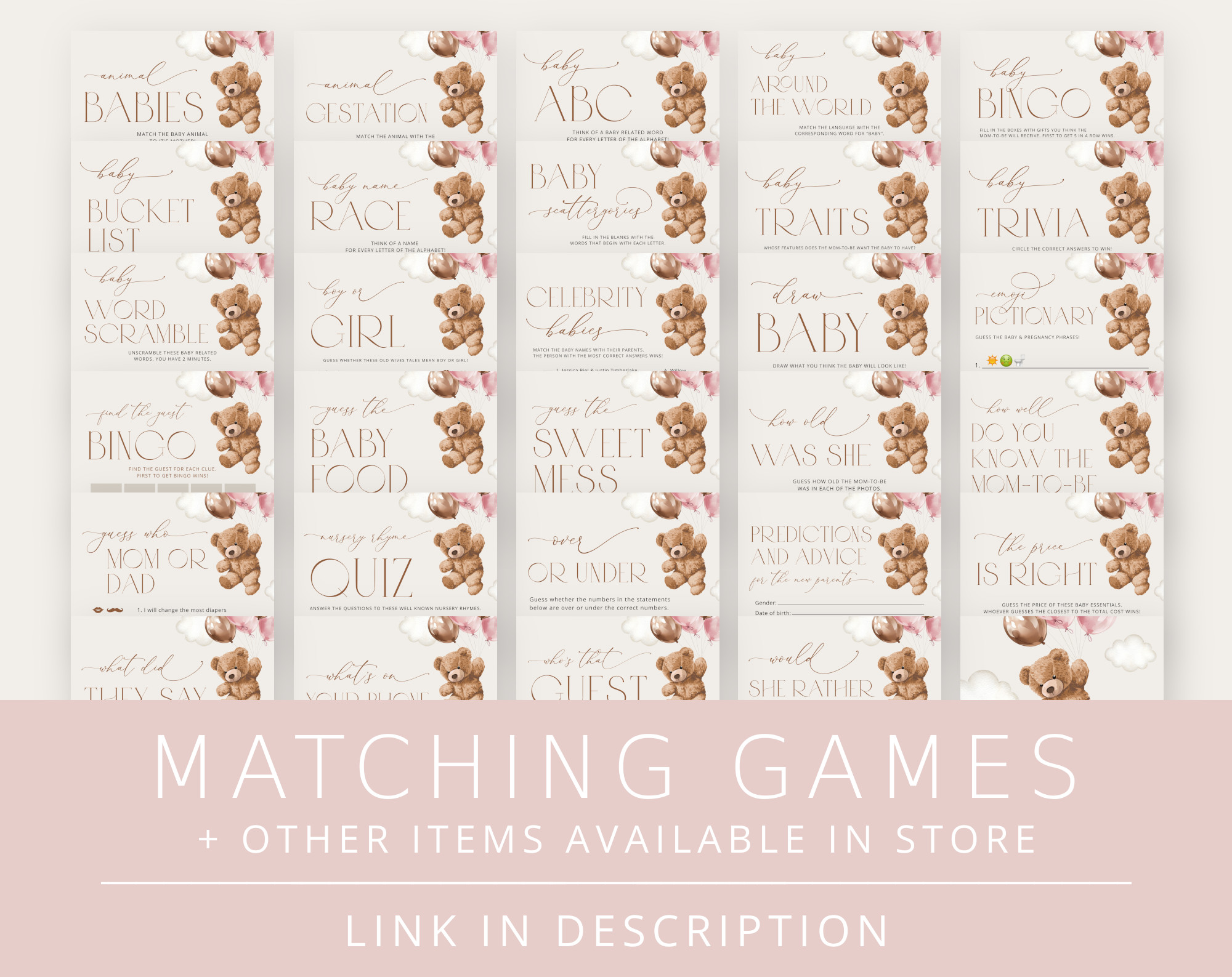 Teddy Bear with Pink Balloons Baby Shower Games Bundle, Set of 35 Games, Girl Baby Shower, Printable File, Edit Yourself, SH66