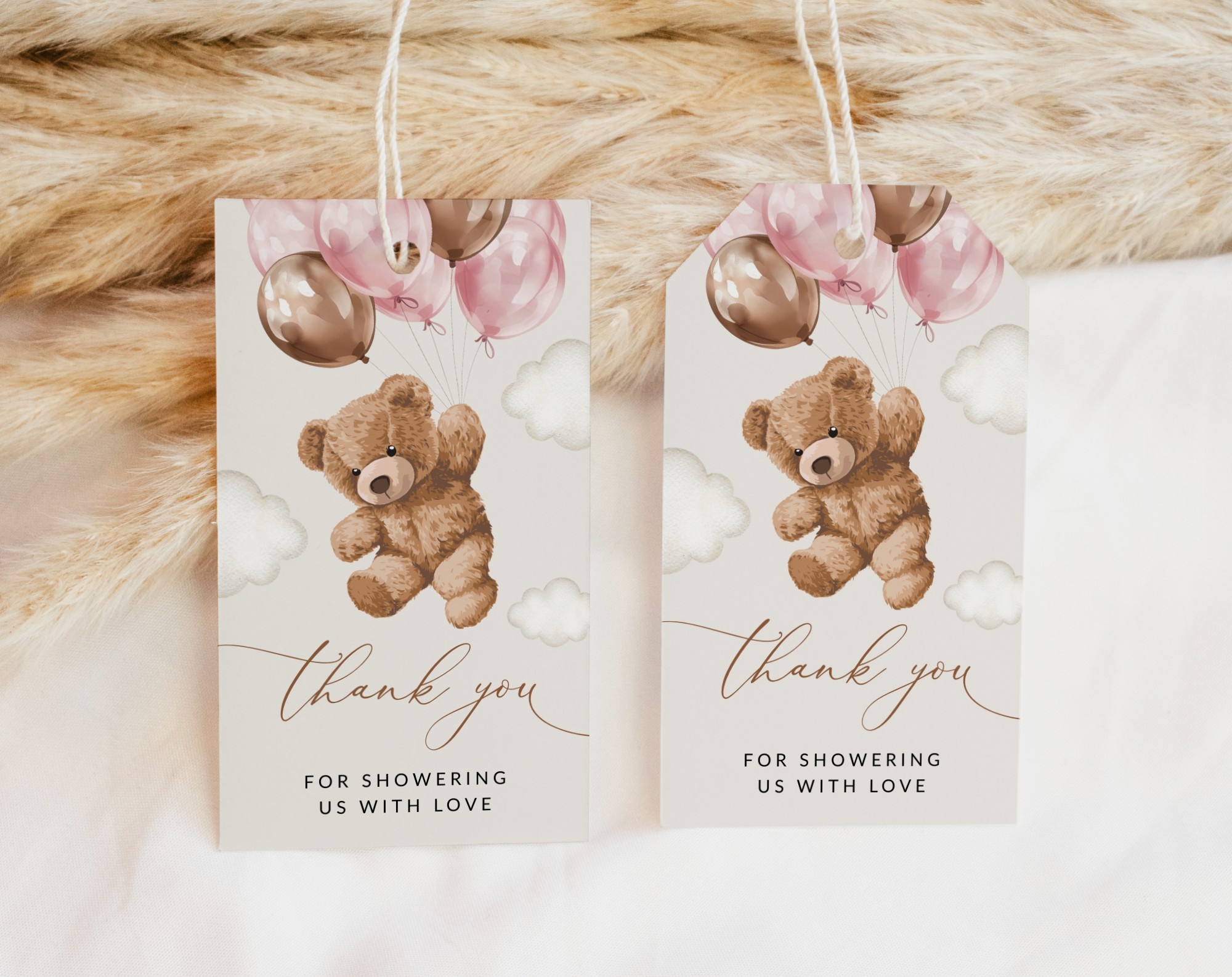 Teddy Bear with Pink Balloons Favor Tags, Gift Tags, Party Tags, Girl Baby Shower, Printable File, Edit Yourself, SH66