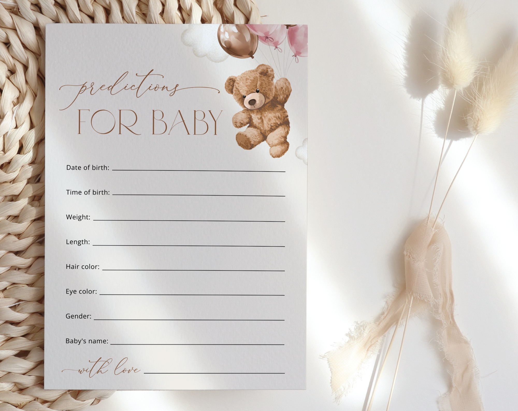 Teddy Bear with Pink Balloons Baby Shower Games, Set of 3 Games, Advice Predictions Wishes, Girl Baby Shower, Printable File, Edit Yourself, SH66