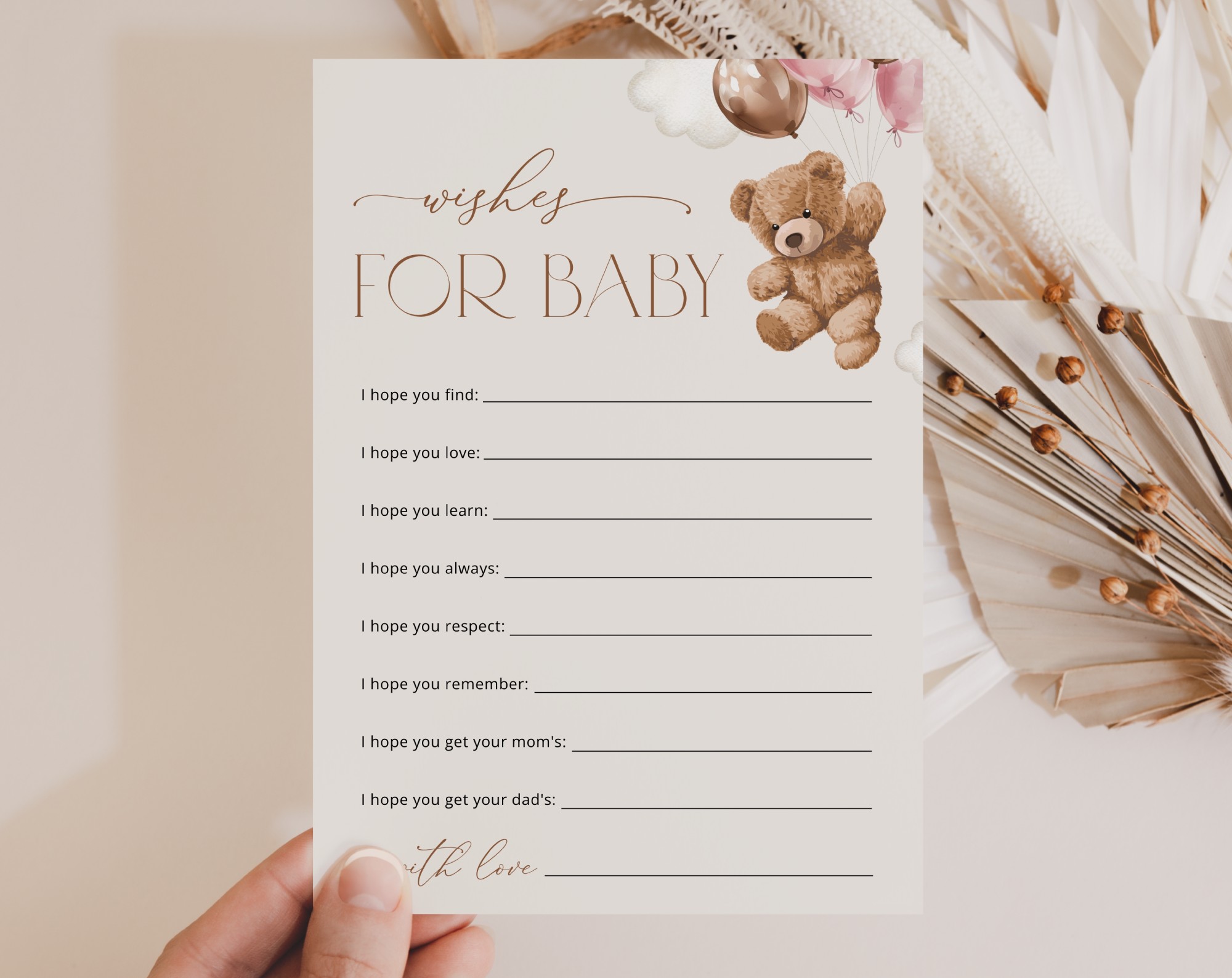 Teddy Bear with Pink Balloons Baby Shower Games, Set of 3 Games, Advice Predictions Wishes, Girl Baby Shower, Printable File, Edit Yourself, SH66