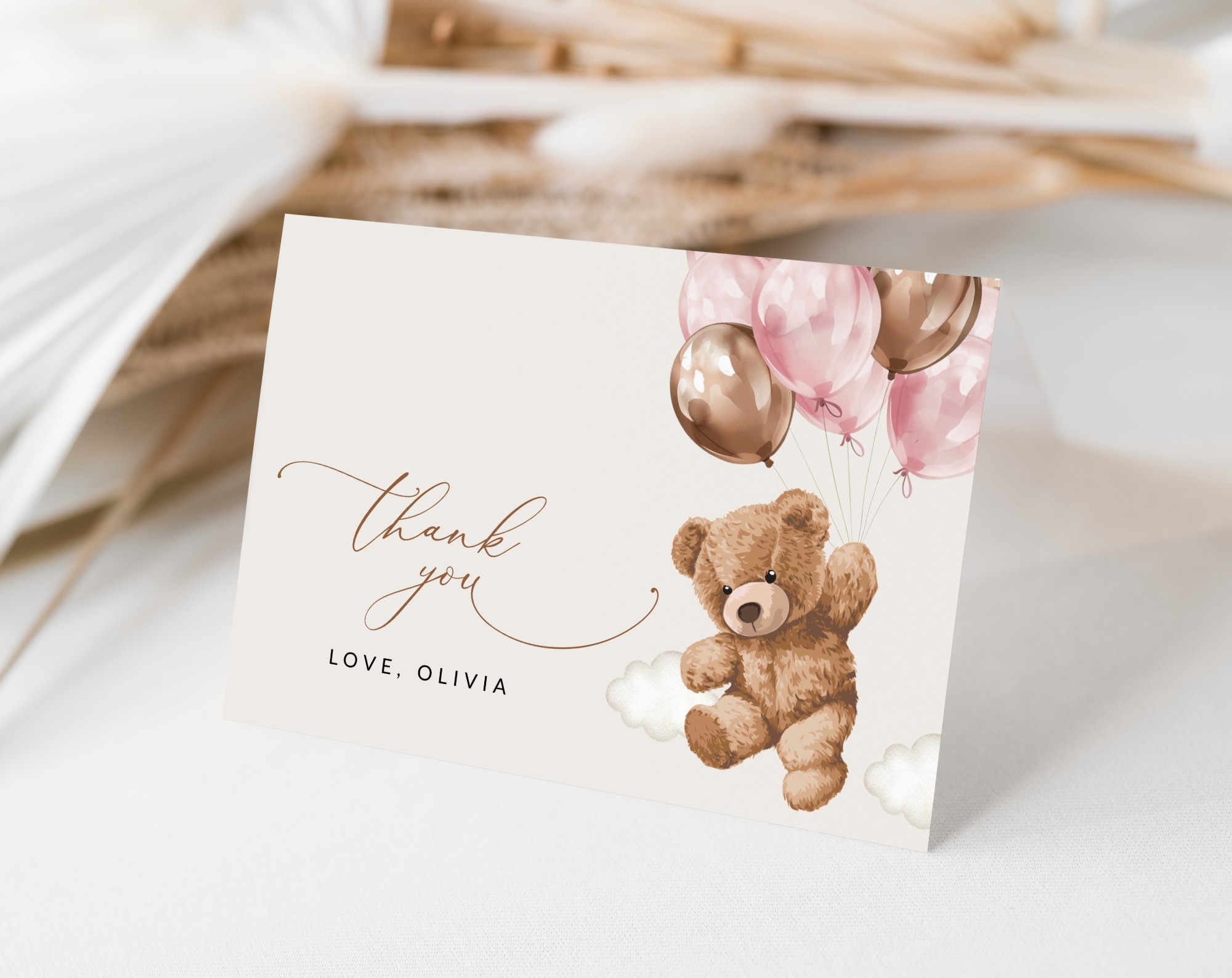 Teddy Bear with Pink Balloons Thank You Card, Girl Baby Shower, Printable File, Edit Yourself, SH66 Teddy Bear with Pink Balloons Thank You Card, Girl Baby Shower, Printable File, Edit Yourself, SH66