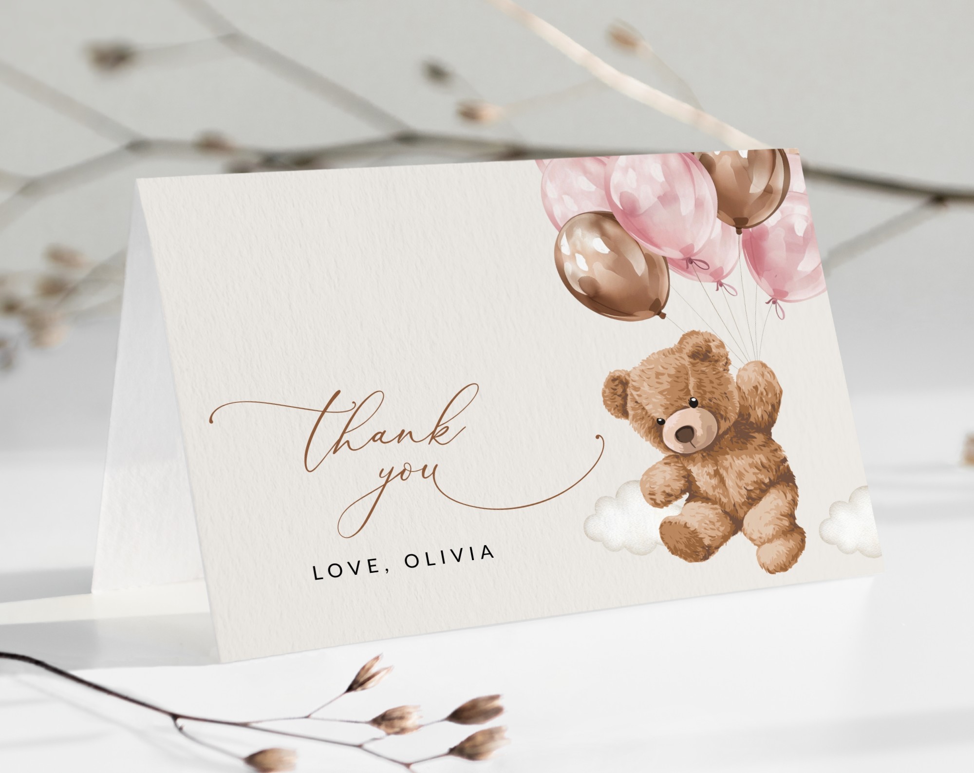Teddy Bear with Pink Balloons Thank You Card, Girl Baby Shower, Printable File, Edit Yourself, SH66