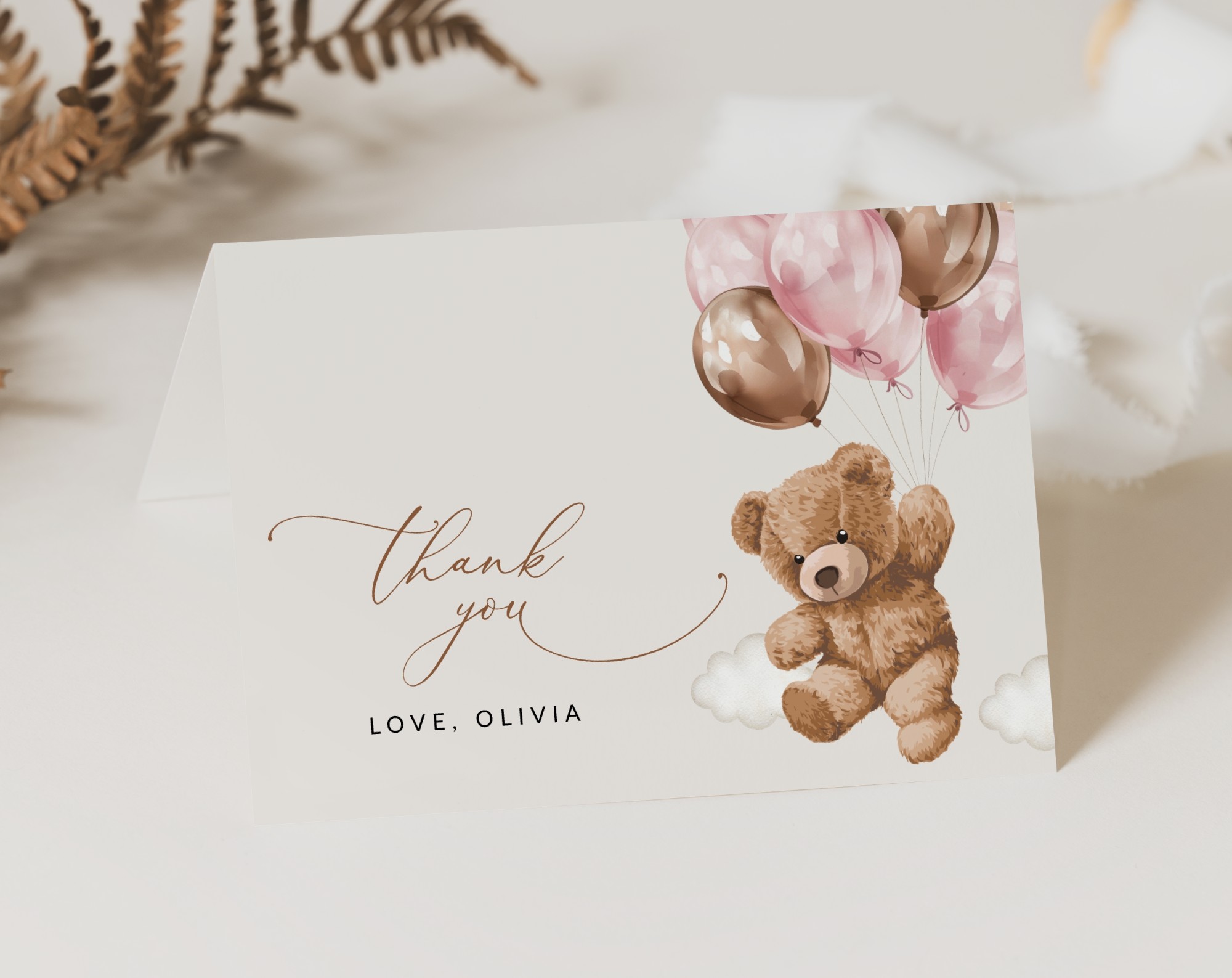 Teddy Bear with Pink Balloons Thank You Card, Girl Baby Shower, Printable File, Edit Yourself, SH66