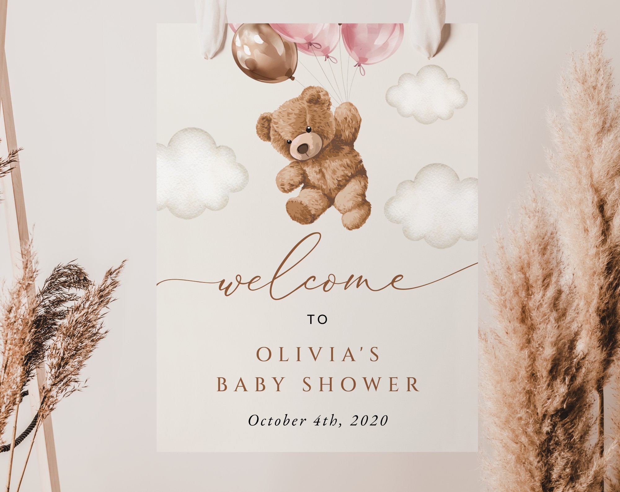 Teddy Bear with Pink Balloons Welcome Sign, Baby Shower Sign, Girl Baby Shower, Printable File, Edit Yourself, SH66 Teddy Bear with Pink Balloons Welcome Sign, Baby Shower Sign, Girl Baby Shower, Printable File, Edit Yourself, SH66