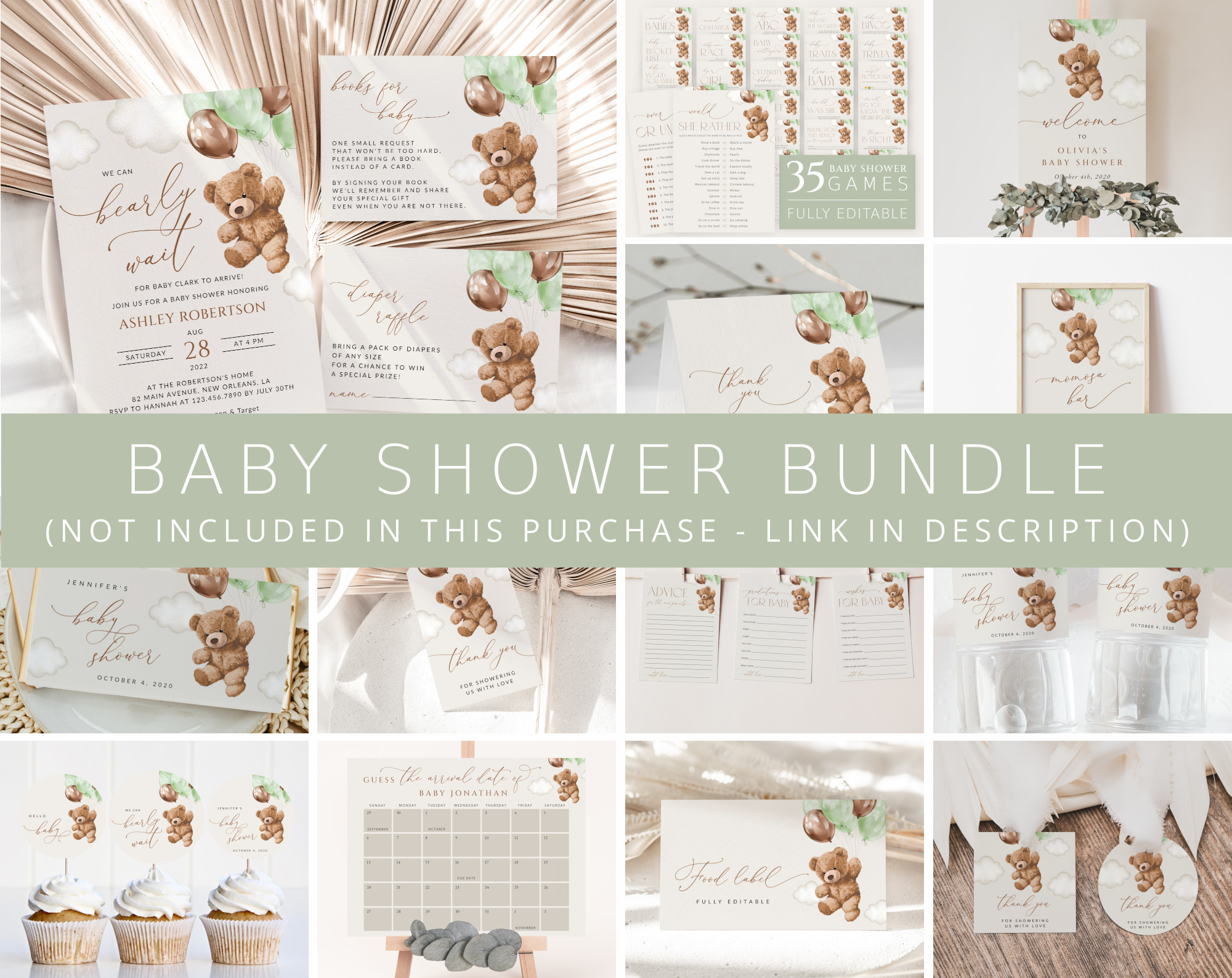 Teddy Bear with Green Balloons Baby Shower Bundle, Gender Neutral Baby Shower, Printable File, Edit Yourself, SH67