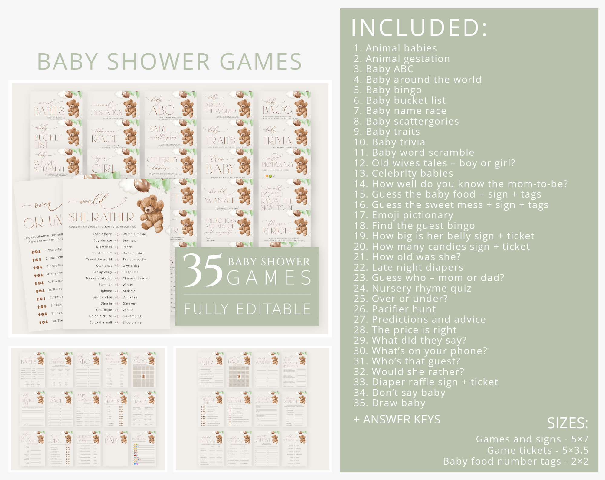 Teddy Bear with Green Balloons Baby Shower Bundle, Gender Neutral Baby Shower, Printable File, Edit Yourself, SH67 Teddy Bear with Green Balloons Baby Shower Bundle, Gender Neutral Baby Shower, Printable File, Edit Yourself, SH67