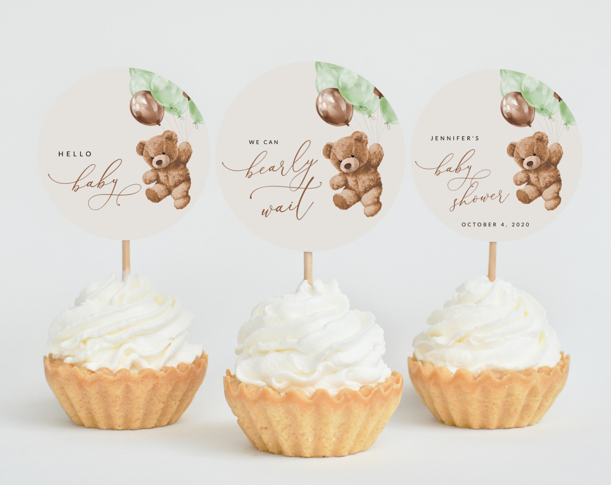 Teddy Bear with Green Balloons Cupcake Toppers, Baby Shower Decoration, Gender Neutral Baby Shower, Printable File, Edit Yourself, SH67 Teddy Bear with Green Balloons Cupcake Toppers, Baby Shower Decoration, Gender Neutral Baby Shower, Printable File, Edit Yourself, SH67
