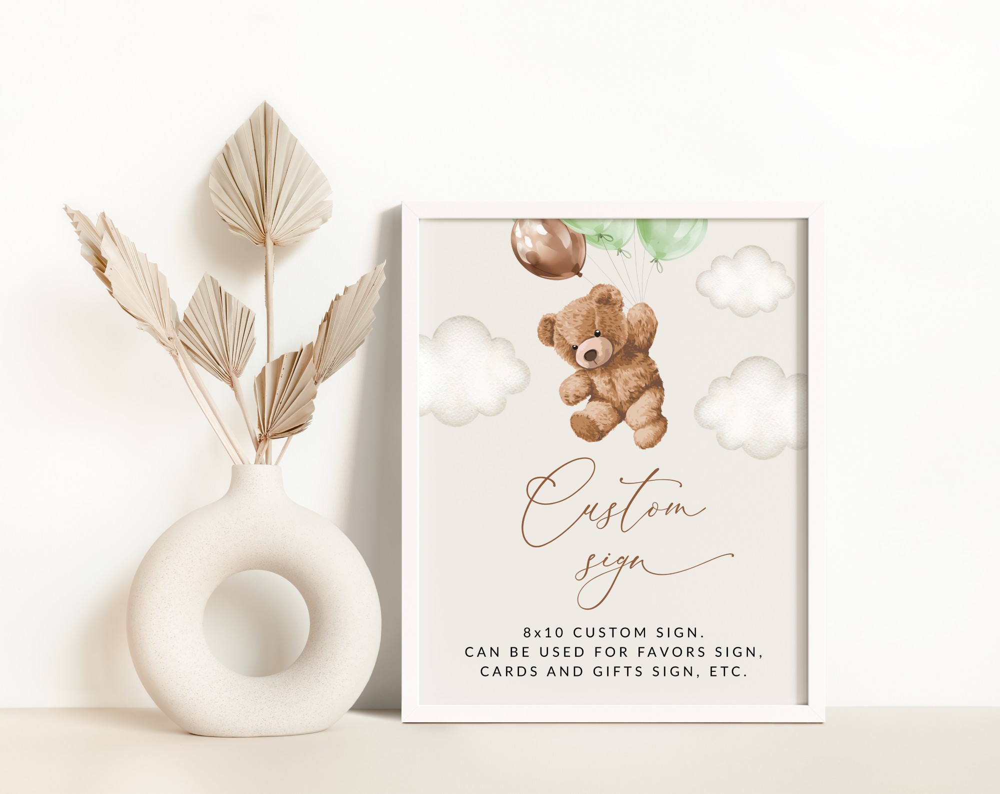 Teddy Bear with Green Balloons Custom Sign, Baby Shower Sign, Gender Neutral Baby Shower, Printable File, Edit Yourself, SH67