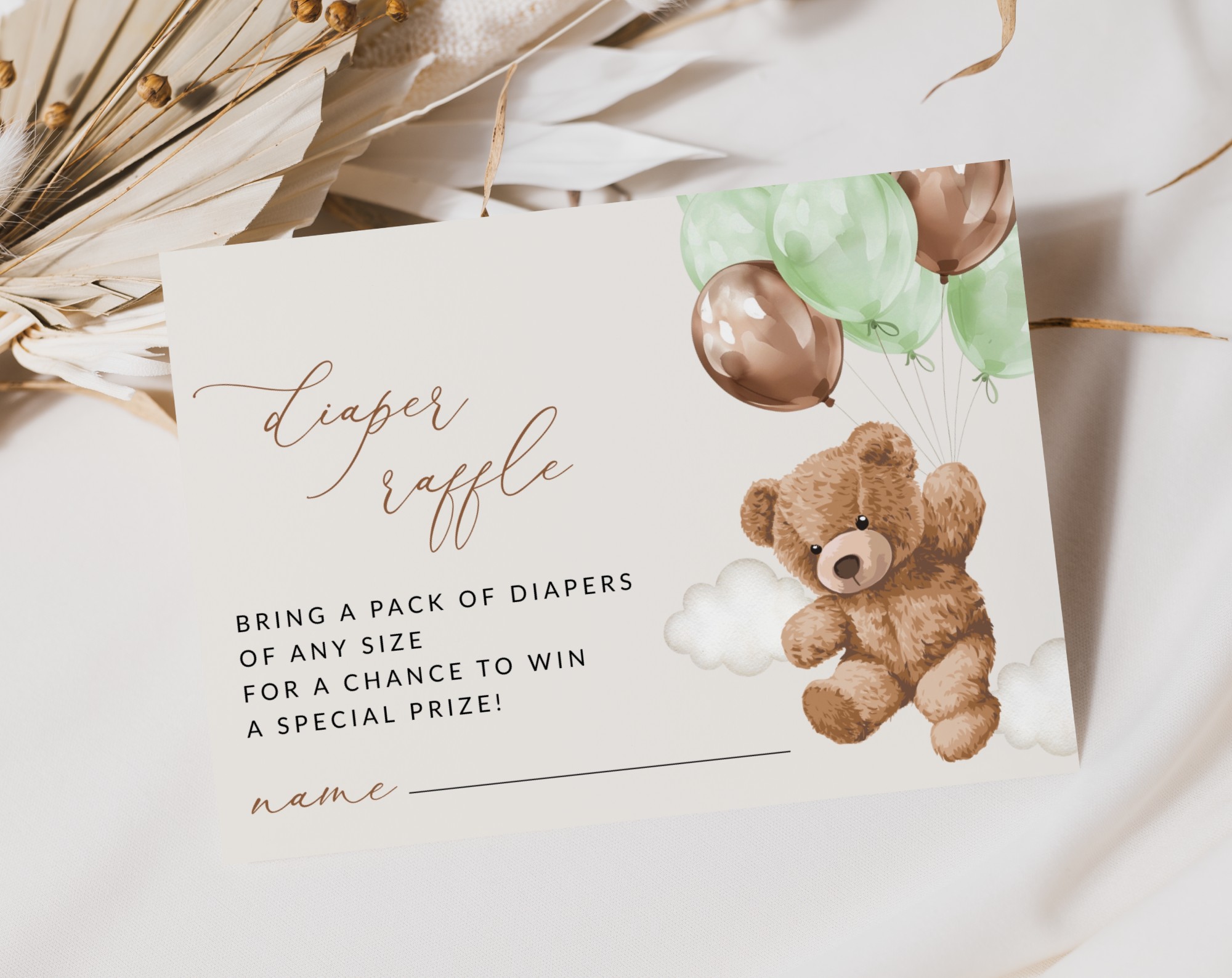 Teddy Bear with Green Balloons Baby Shower Invitation Suite, Gender Neutral Baby Shower, Printable File, Edit Yourself, SH67