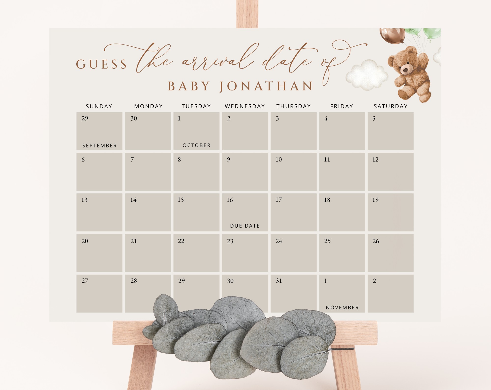 Teddy Bear with Green Balloons Guess the Due Date, Baby Shower Game, Gender Neutral Baby Shower, Printable File, Edit Yourself, SH67