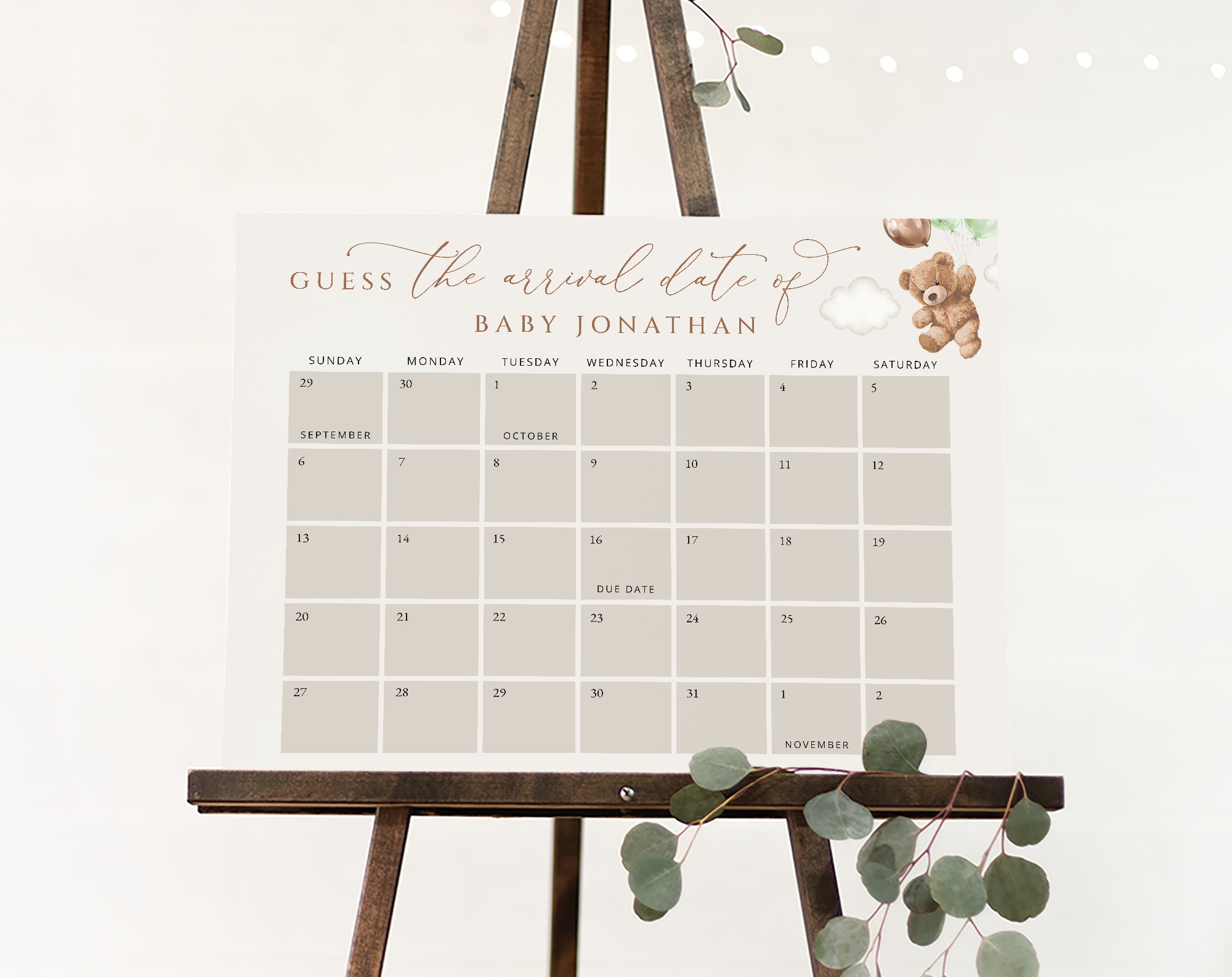 Teddy Bear with Green Balloons Guess the Due Date, Baby Shower Game, Gender Neutral Baby Shower, Printable File, Edit Yourself, SH67 Teddy Bear with Green Balloons Guess the Due Date, Baby Shower Game, Gender Neutral Baby Shower, Printable File, Edit Yourself, SH67