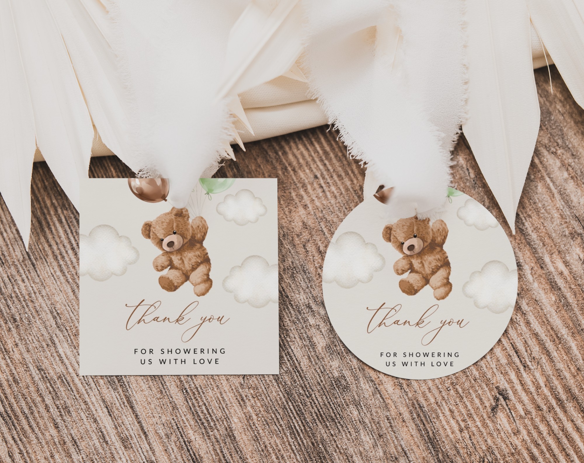 Teddy Bear with Green Balloons Favor Tags, Gift Tags, Gender Neutral Baby Shower, Printable File, Edit Yourself, SH67