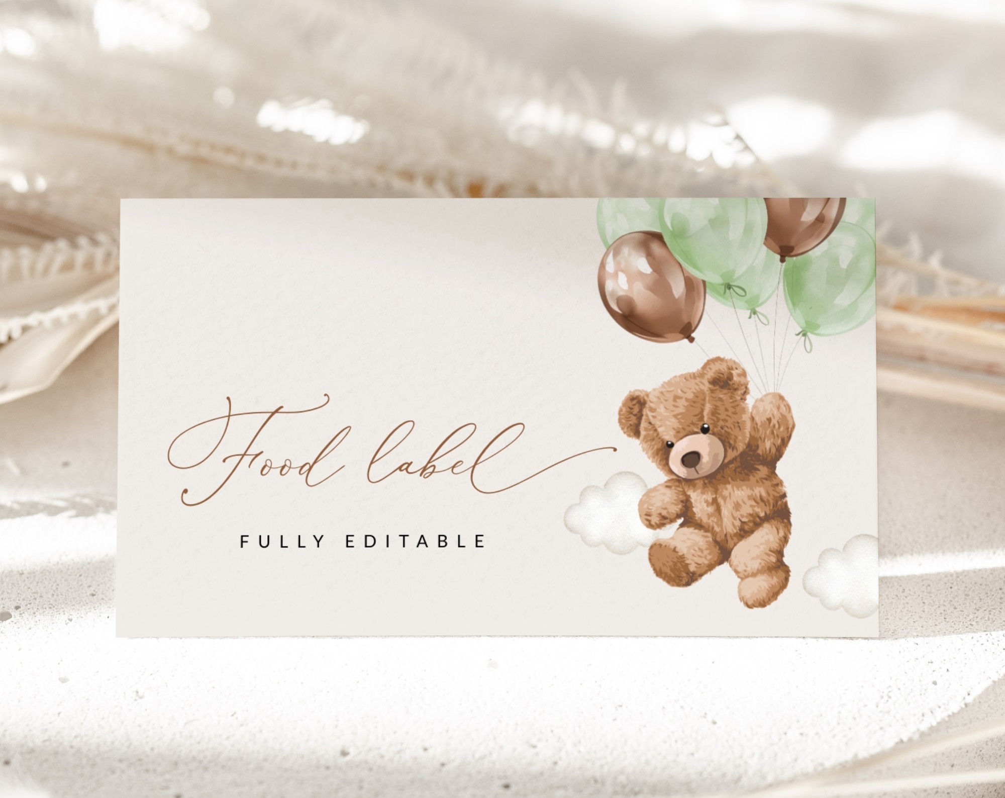 Teddy Bear with Green Balloons Food Label, Baby Shower Decoration, Gender Neutral Baby Shower, Printable File, Edit Yourself, SH67 Teddy Bear with Green Balloons Food Label, Baby Shower Decoration, Gender Neutral Baby Shower, Printable File, Edit Yourself, SH67
