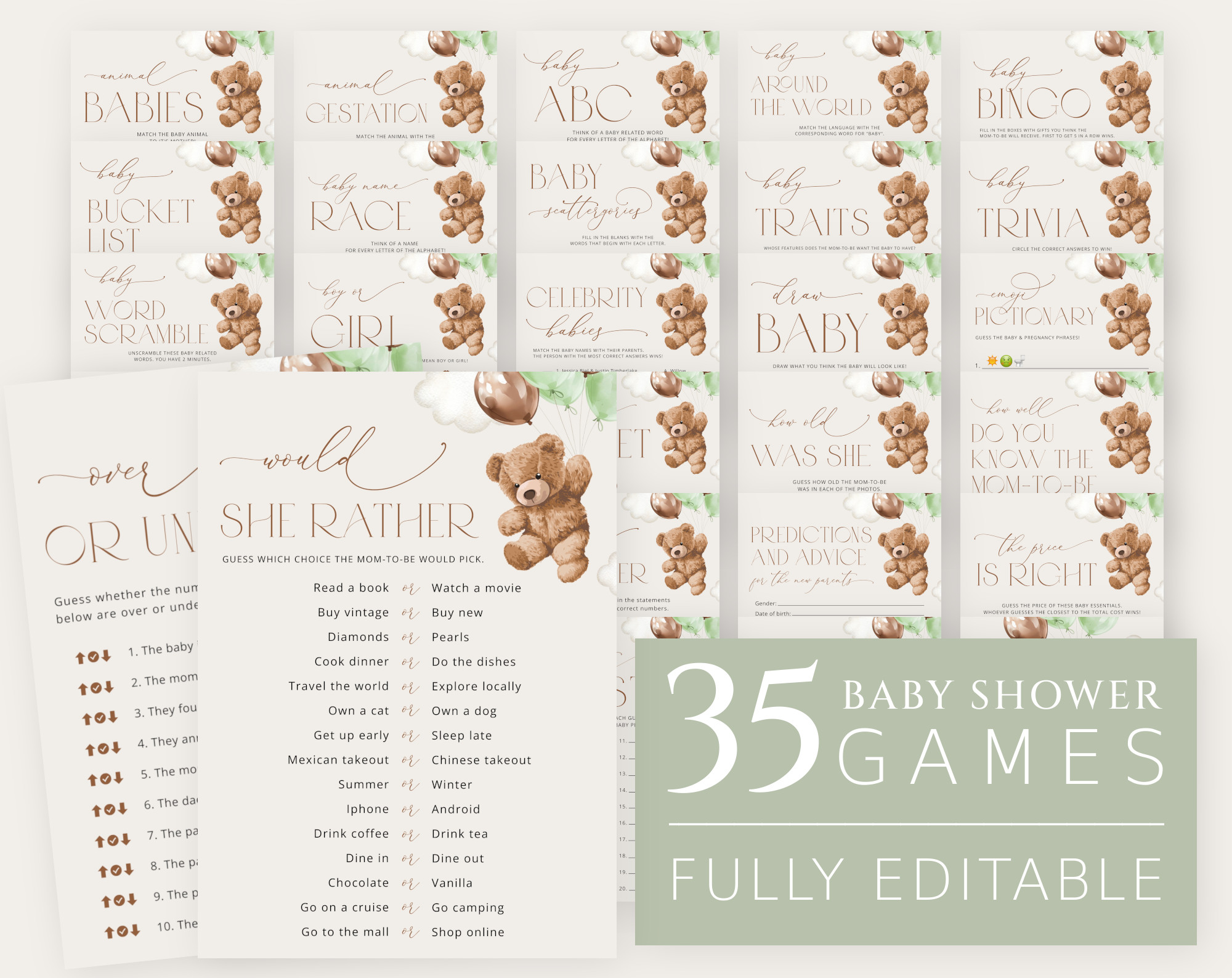 Teddy Bear with Green Balloons Baby Shower Games Bundle, Set of 35 Games, Gender Neutral Baby Shower, Printable File, Edit Yourself, SH67 Teddy Bear with Green Balloons Baby Shower Games Bundle, Set of 35 Games, Gender Neutral Baby Shower, Printable File, Edit Yourself, SH67