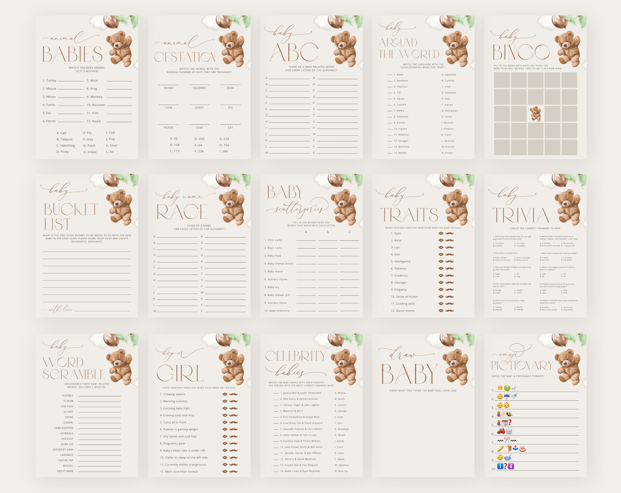 Teddy Bear with Green Balloons Baby Shower Games Bundle, Set of 35 Games, Gender Neutral Baby Shower, Printable File, Edit Yourself, SH67