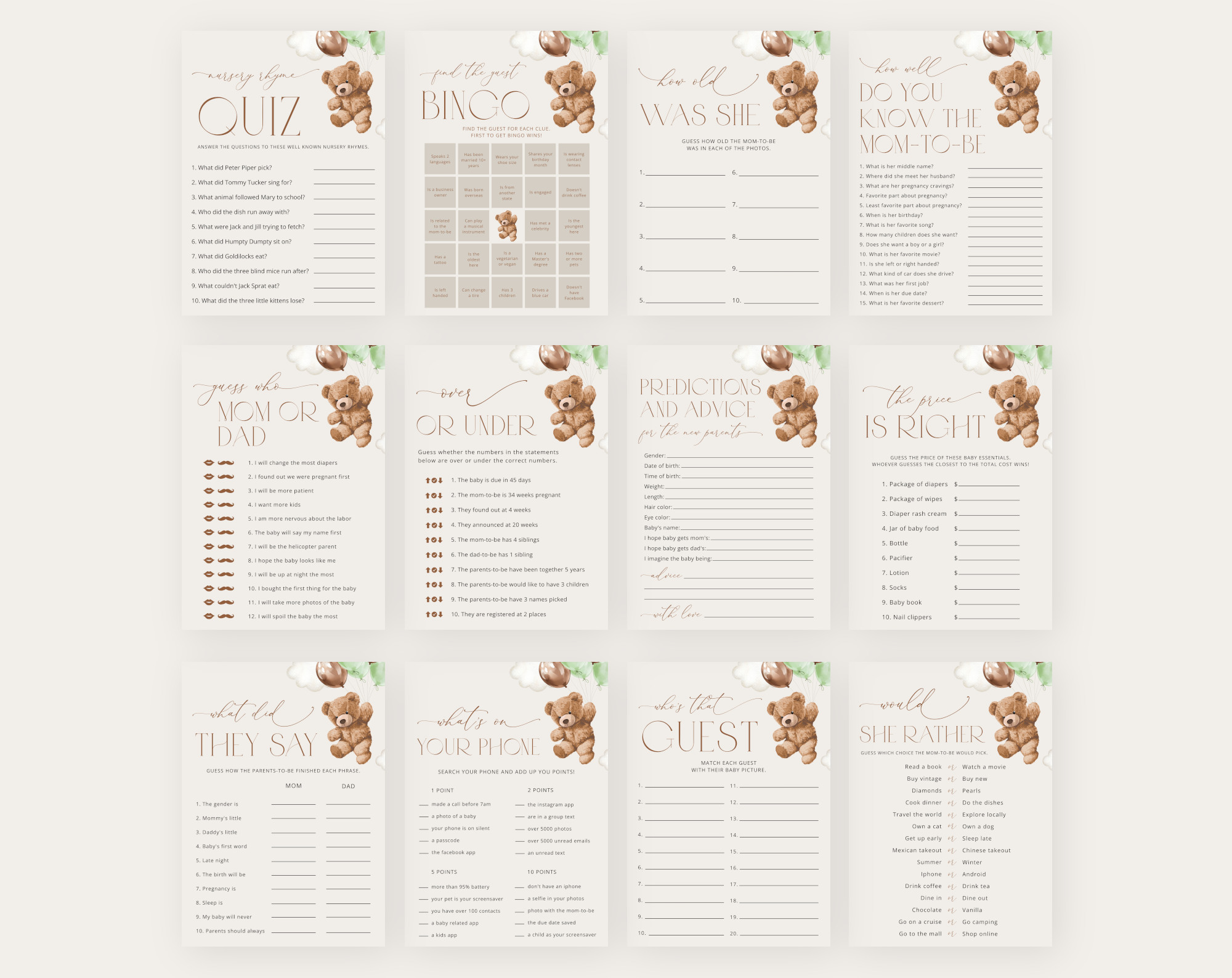 Teddy Bear with Green Balloons Baby Shower Games Bundle, Set of 35 Games, Gender Neutral Baby Shower, Printable File, Edit Yourself, SH67