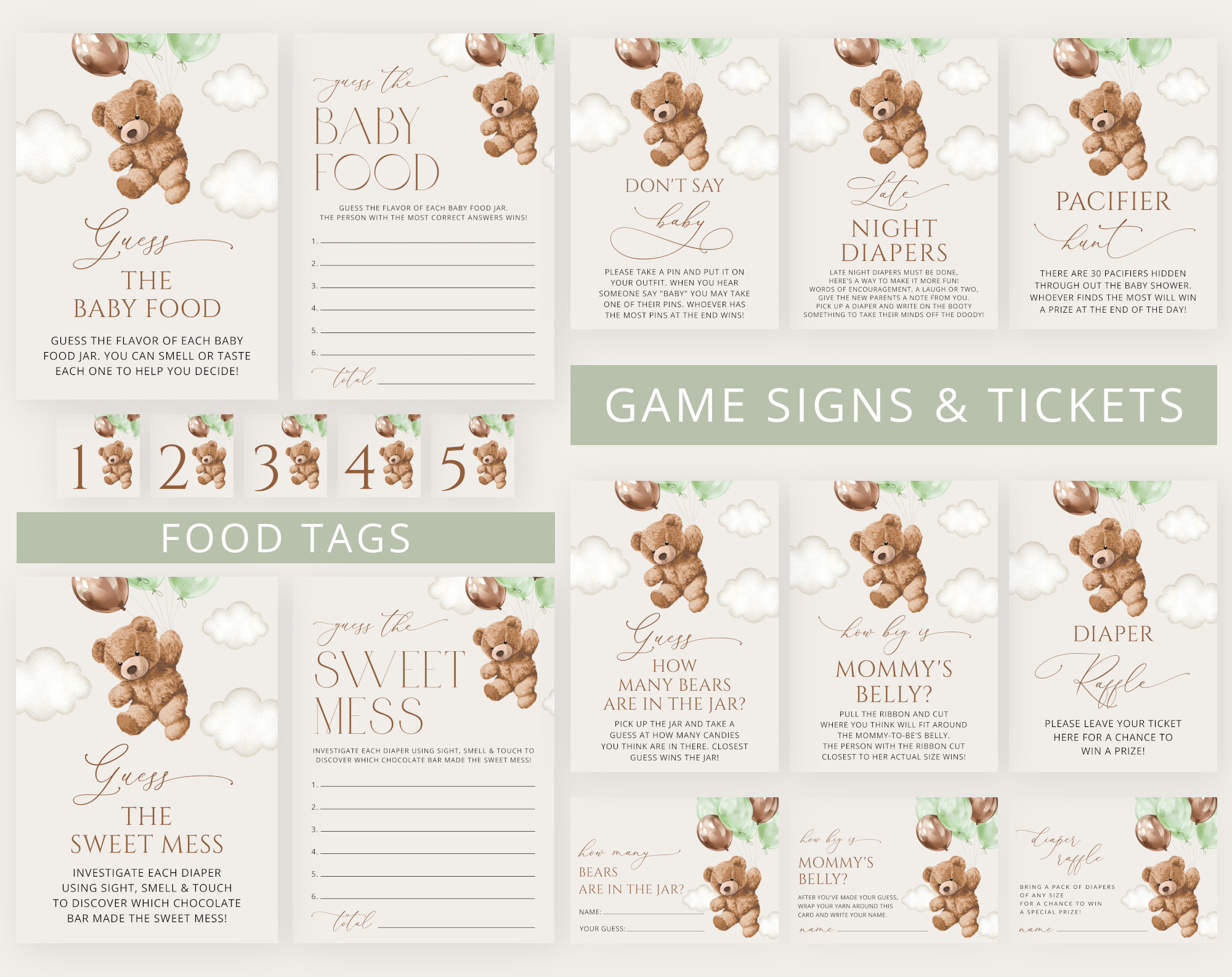 Teddy Bear with Green Balloons Baby Shower Games Bundle, Set of 35 Games, Gender Neutral Baby Shower, Printable File, Edit Yourself, SH67