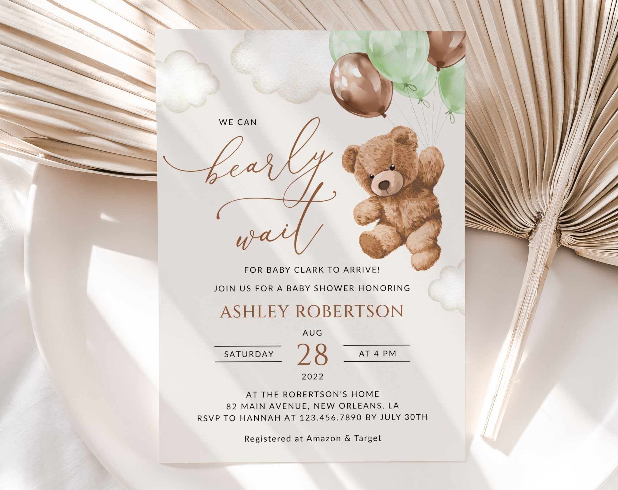 Teddy Bear with Green Balloons Baby Shower Invitation, Gender Neutral Baby Shower, Printable File, Edit Yourself, SH67