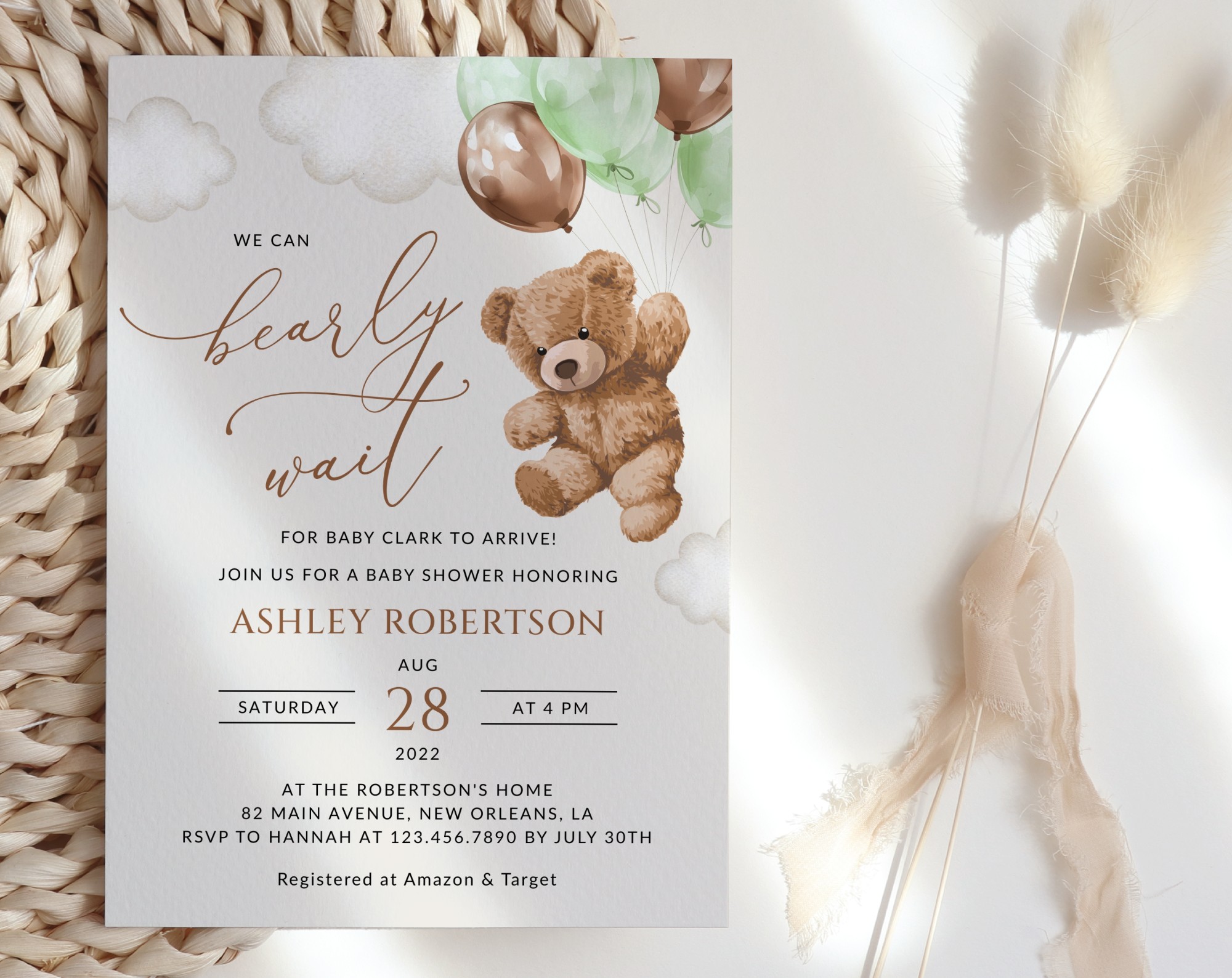 Teddy Bear with Green Balloons Baby Shower Invitation, Gender Neutral Baby Shower, Printable File, Edit Yourself, SH67