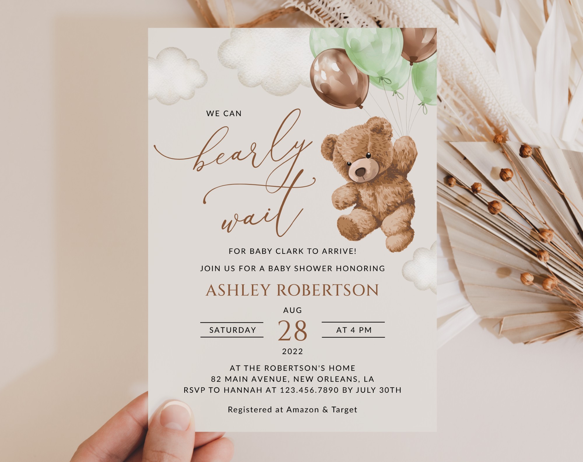 Teddy Bear with Green Balloons Baby Shower Invitation, Gender Neutral Baby Shower, Printable File, Edit Yourself, SH67