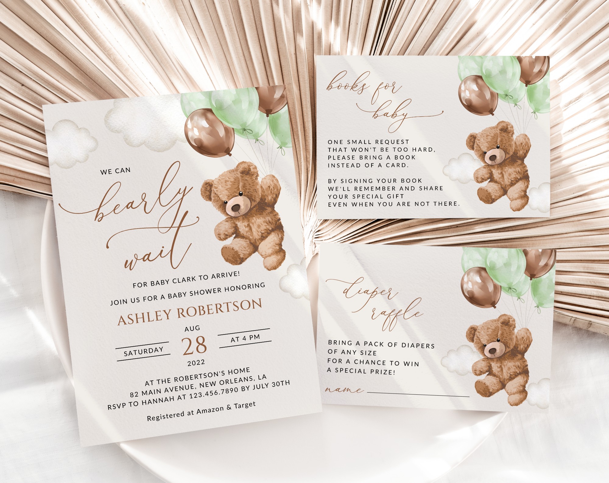 Teddy Bear with Green Balloons Baby Shower Invitation Suite, Gender Neutral Baby Shower, Printable File, Edit Yourself, SH67 Teddy Bear with Green Balloons Baby Shower Invitation Suite, Gender Neutral Baby Shower, Printable File, Edit Yourself, SH67