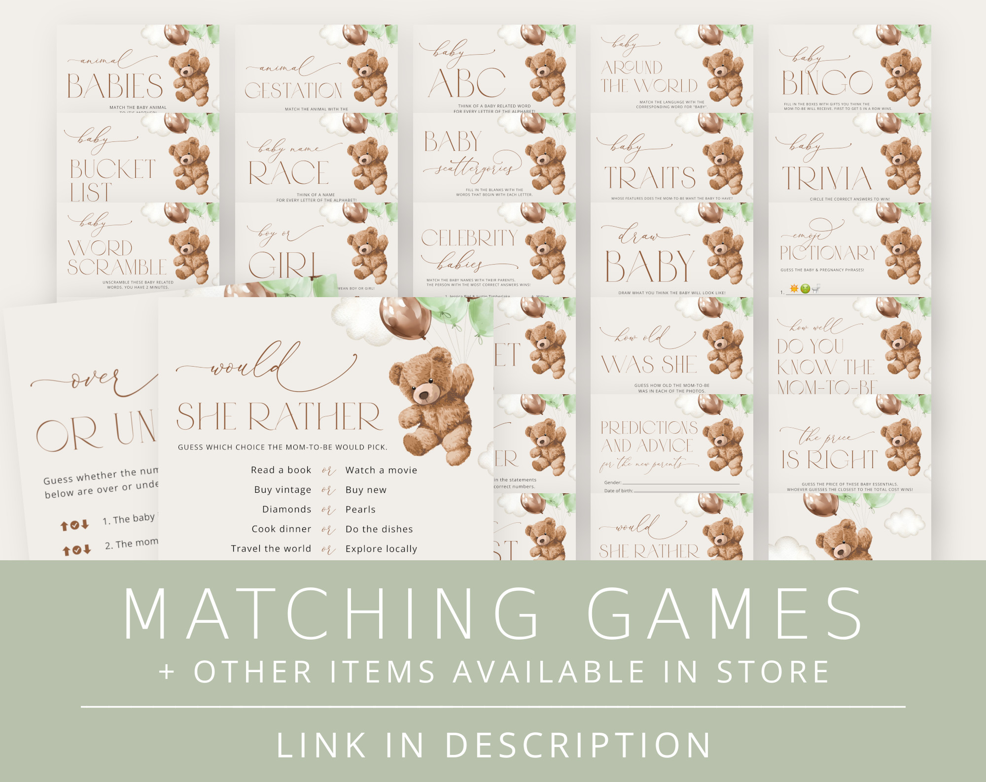 Teddy Bear with Green Balloons Baby Shower Games Bundle, Set of 35 Games, Gender Neutral Baby Shower, Printable File, Edit Yourself, SH67