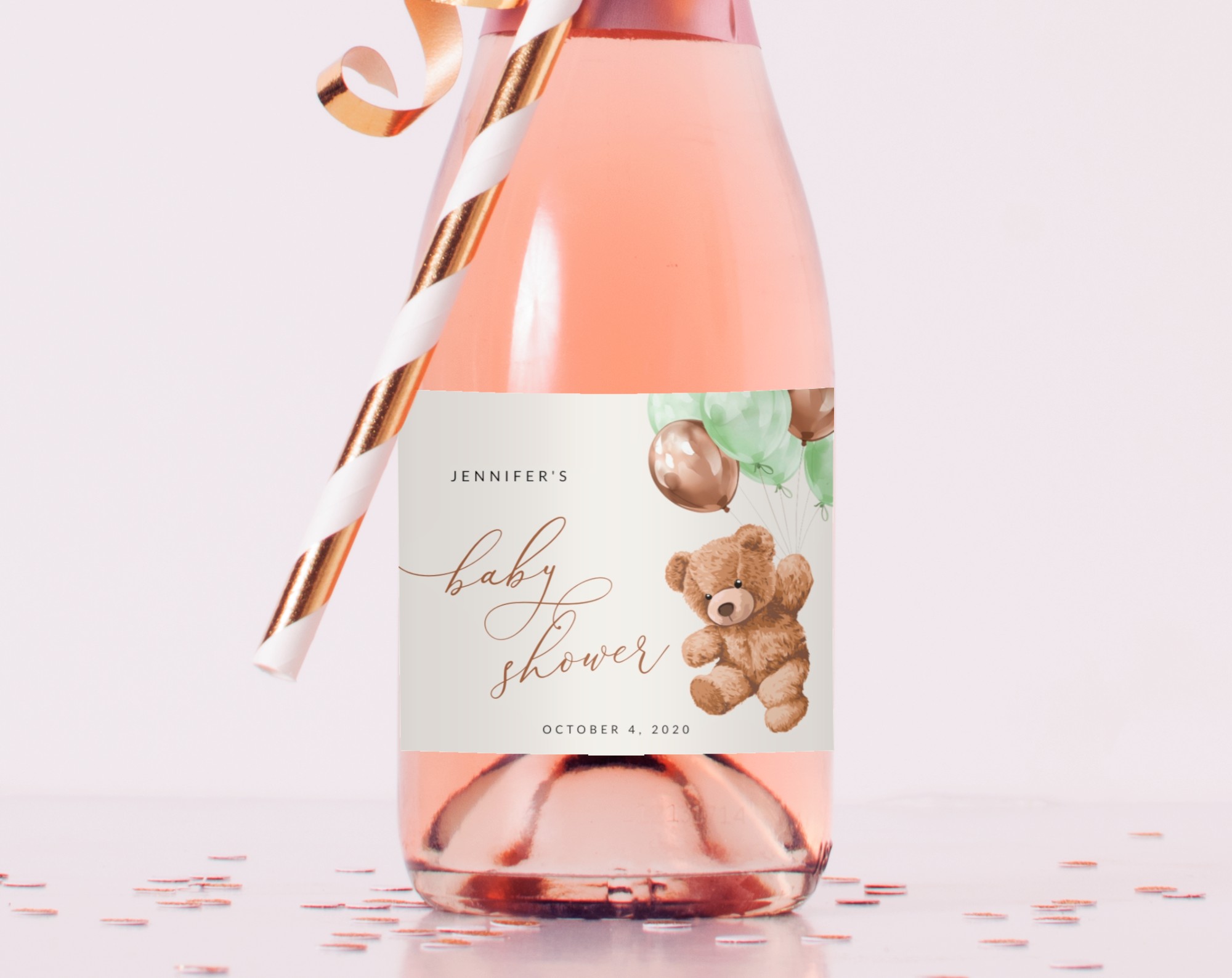 Teddy Bear with Green Balloons Mini Champagne Labels, Baby Shower Decoration, Gender Neutral Baby Shower, Printable File, Edit Yourself, SH67