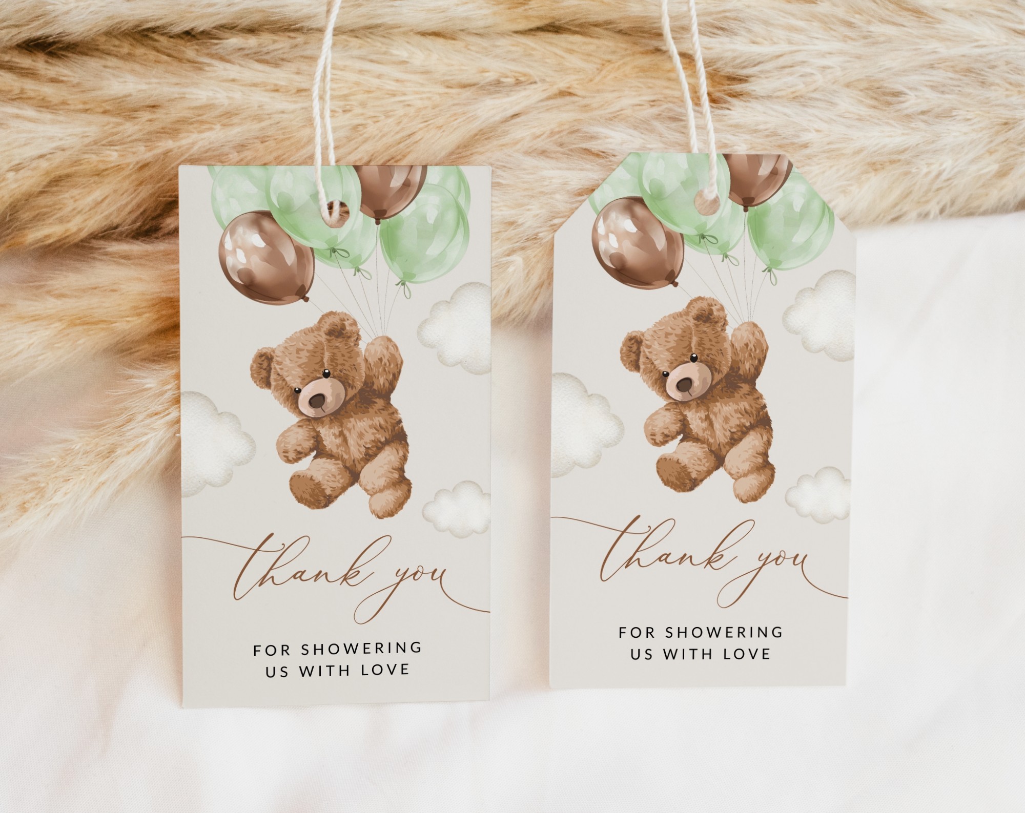 Teddy Bear with Green Balloons Favor Tags, Gift Tags, Gender Neutral Baby Shower, Printable File, Edit Yourself, SH67