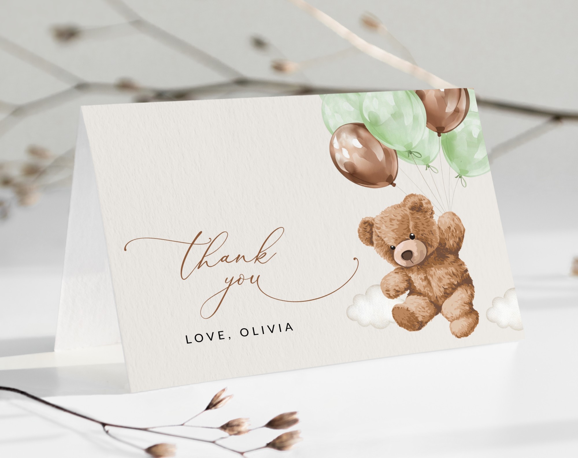 Teddy Bear with Green Balloons Thank You Card, Gender Neutral Baby Shower, Printable File, Edit Yourself, SH67