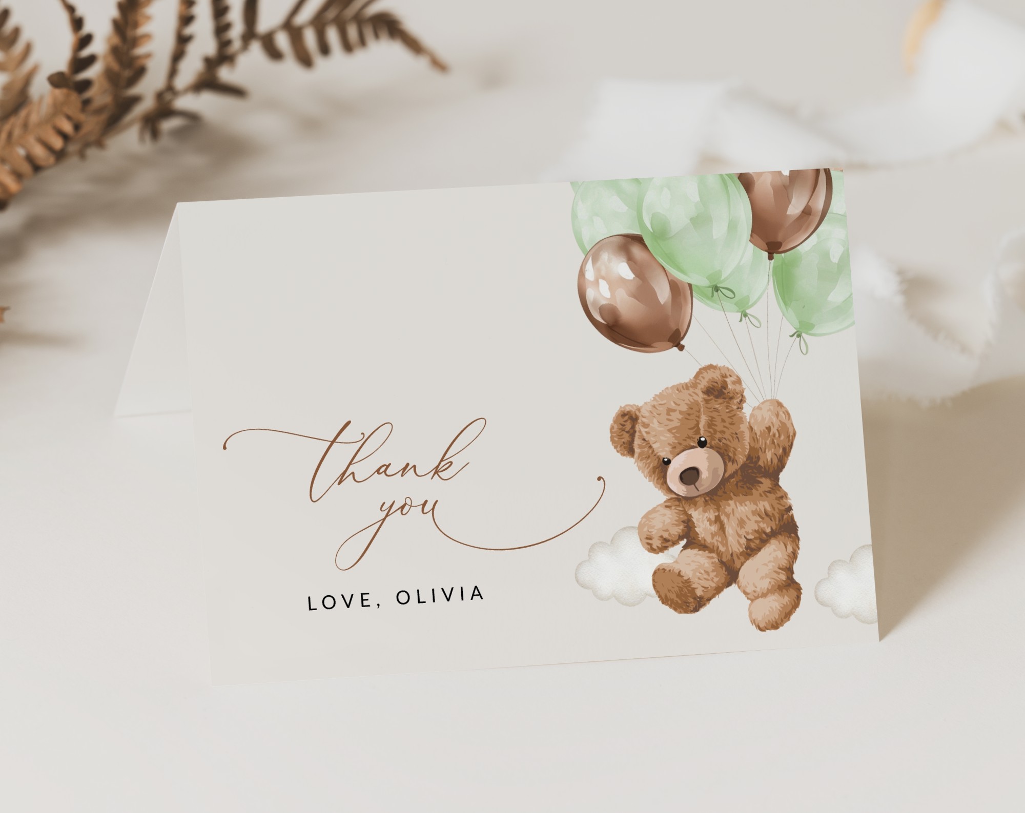 Teddy Bear with Green Balloons Thank You Card, Gender Neutral Baby Shower, Printable File, Edit Yourself, SH67