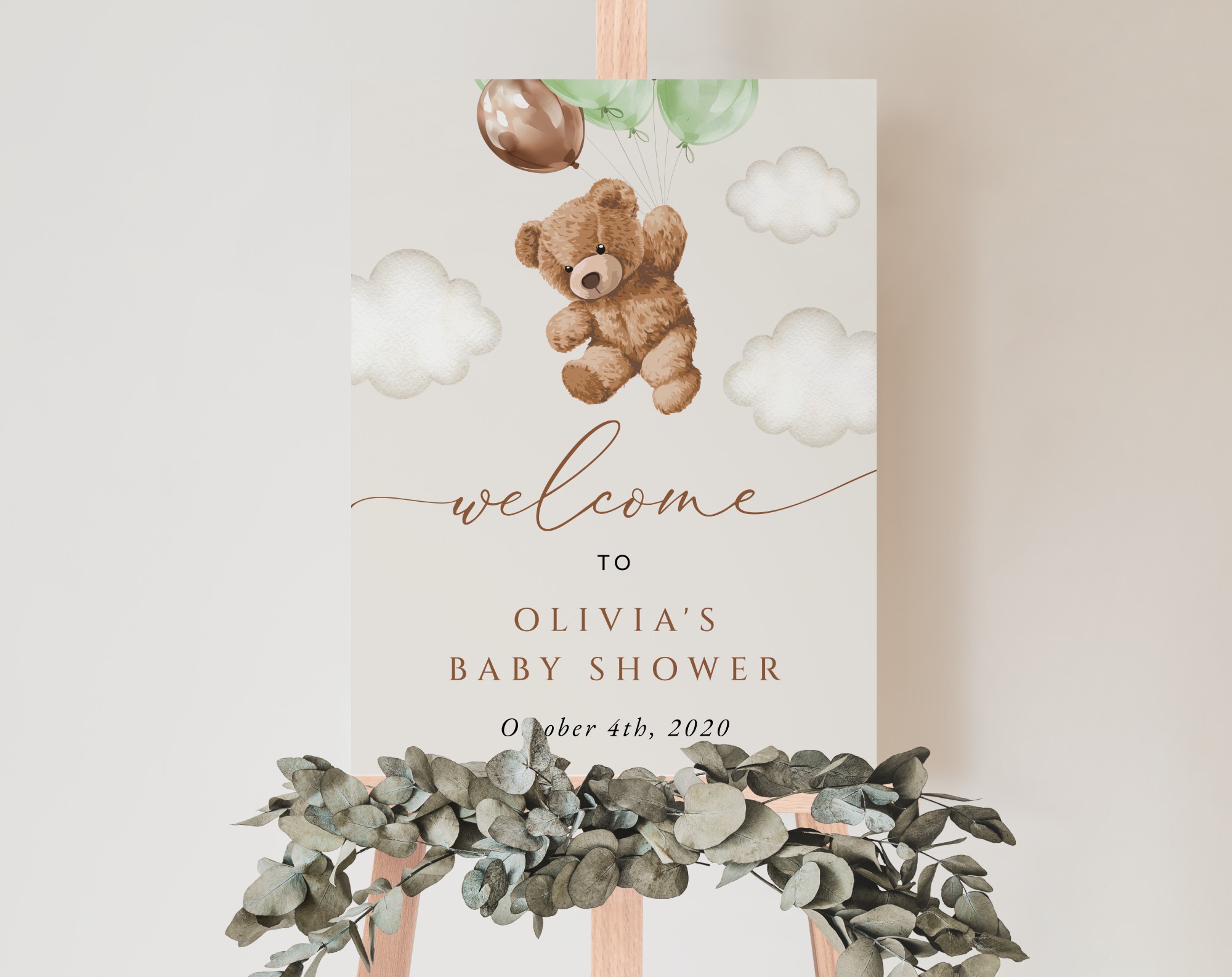 Teddy Bear with Green Balloons Welcome Sign, Baby Shower Sign, Gender Neutral Baby Shower, Printable File, Edit Yourself, SH67