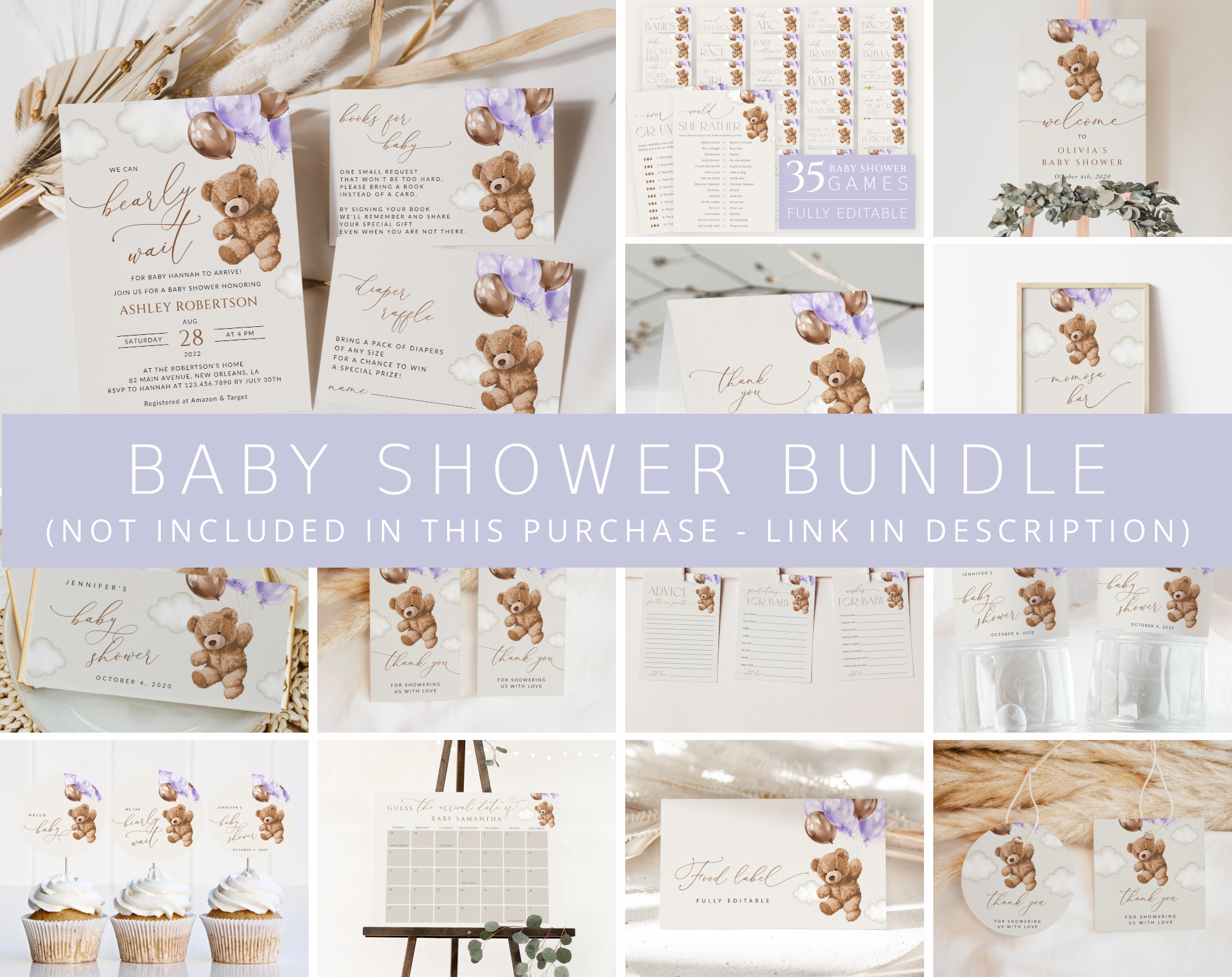 Teddy Bear with Purple Balloons Baby Shower Bundle, Girl Baby Shower, Printable File, Edit Yourself, SH68