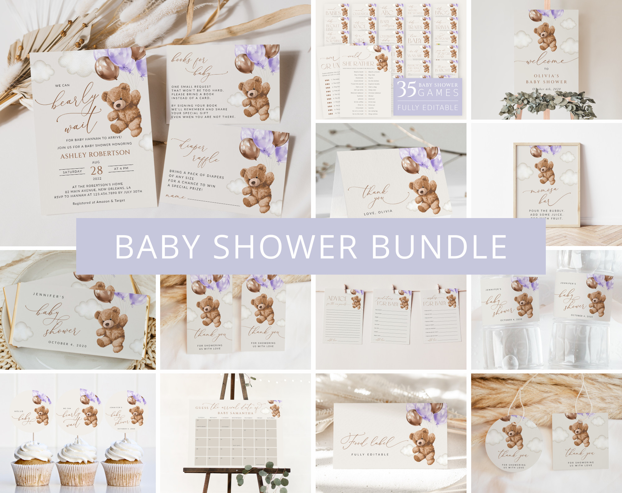 Teddy Bear with Purple Balloons Baby Shower Bundle, Girl Baby Shower, Printable File, Edit Yourself, SH68 Teddy Bear with Purple Balloons Baby Shower Bundle, Girl Baby Shower, Printable File, Edit Yourself, SH68