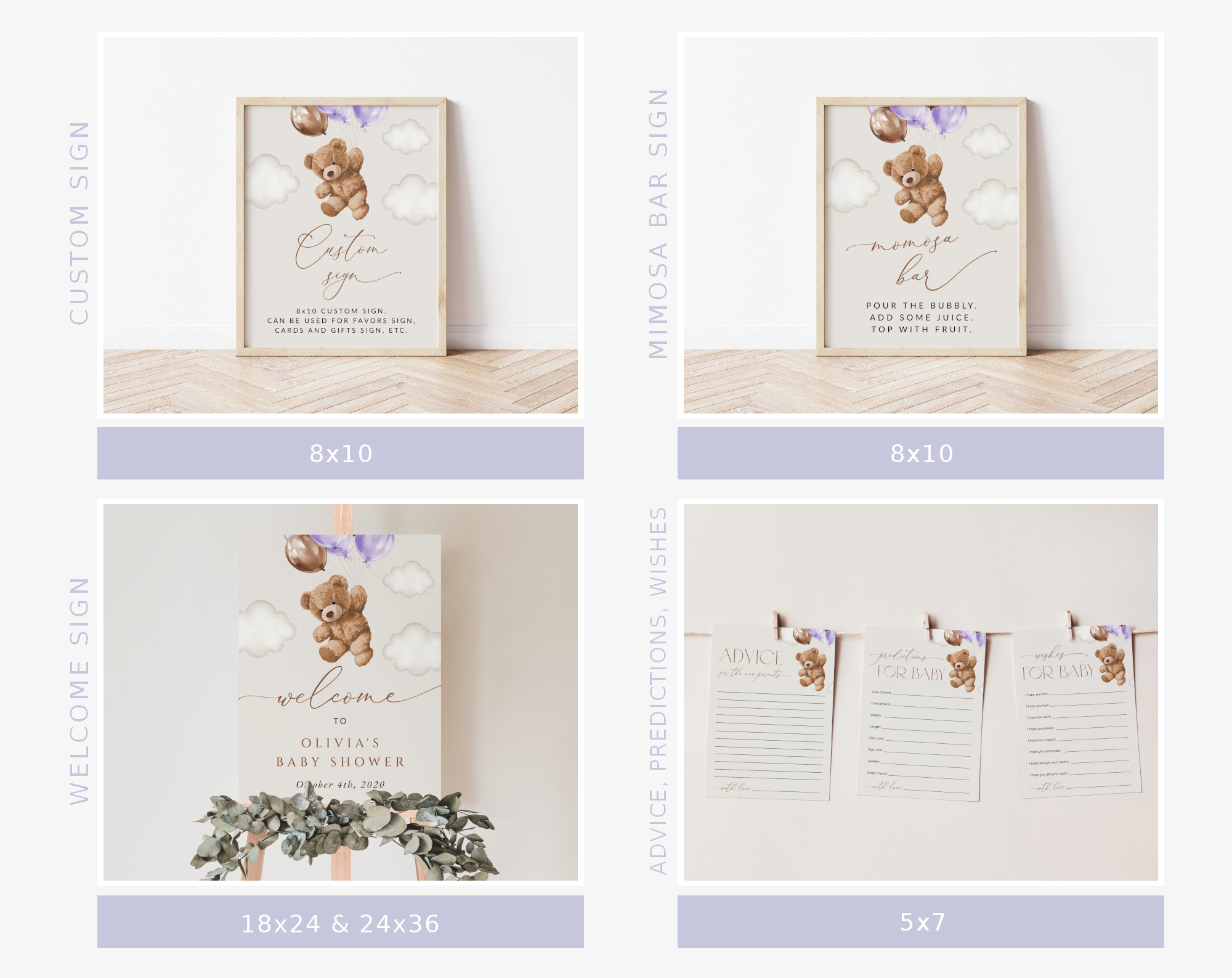 Teddy Bear with Purple Balloons Baby Shower Bundle, Girl Baby Shower, Printable File, Edit Yourself, SH68 Teddy Bear with Purple Balloons Baby Shower Bundle, Girl Baby Shower, Printable File, Edit Yourself, SH68