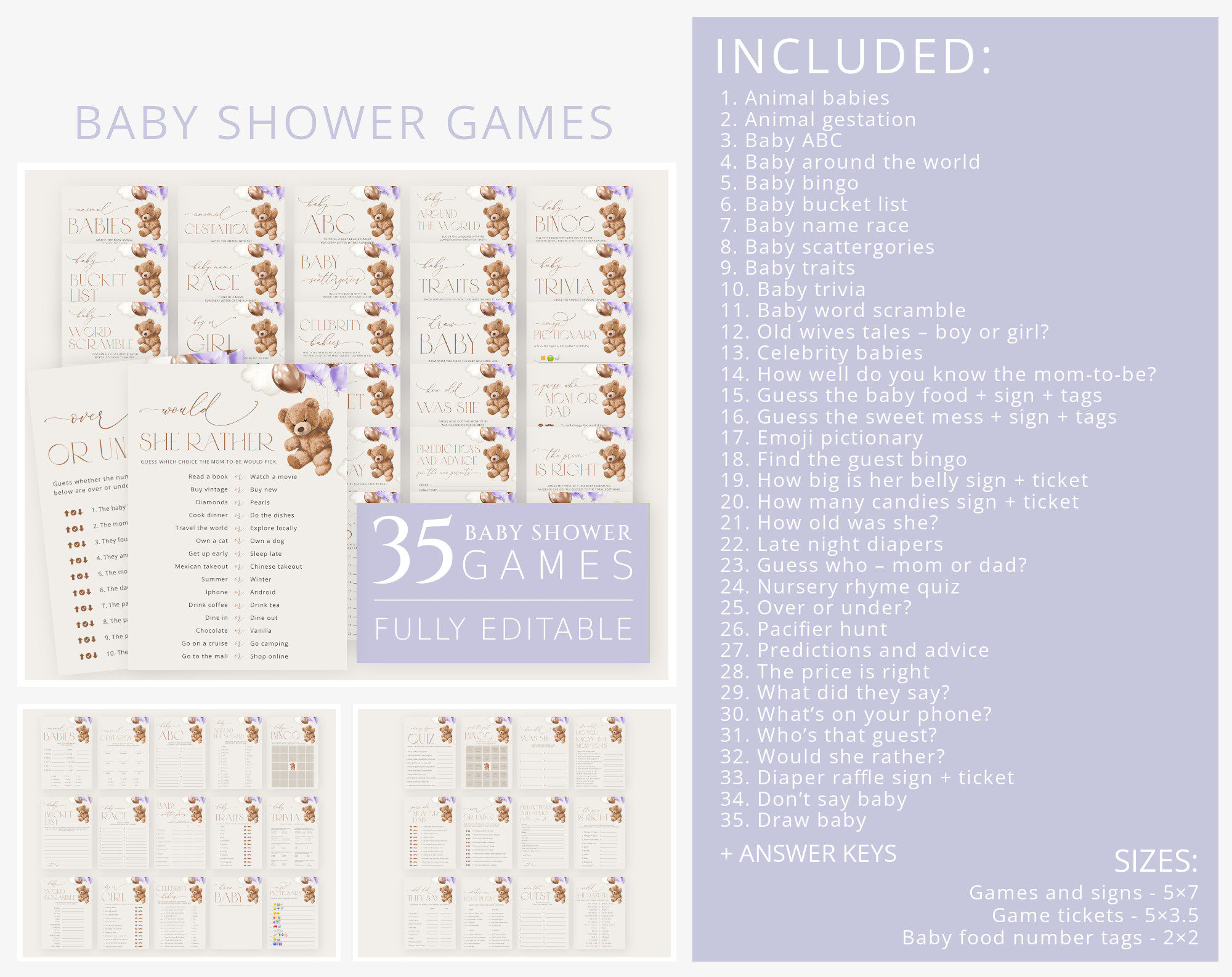 Teddy Bear with Purple Balloons Baby Shower Bundle, Girl Baby Shower, Printable File, Edit Yourself, SH68 Teddy Bear with Purple Balloons Baby Shower Bundle, Girl Baby Shower, Printable File, Edit Yourself, SH68