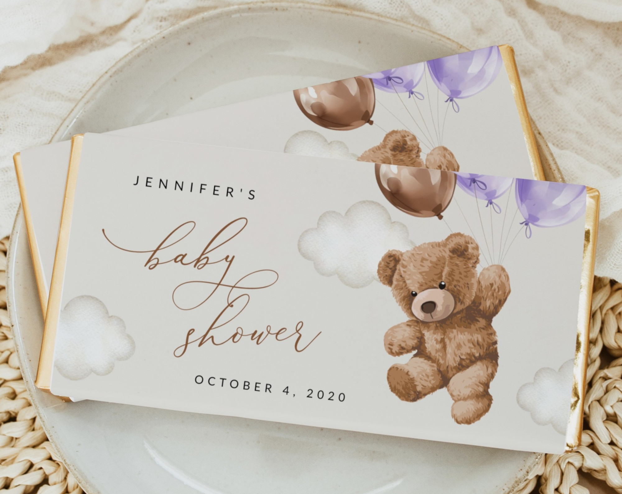 Teddy Bear with Purple Balloons Chocolate Bar Wrapper, Candy Bar Wrapper, Girl Baby Shower, Printable File, Edit Yourself, SH68