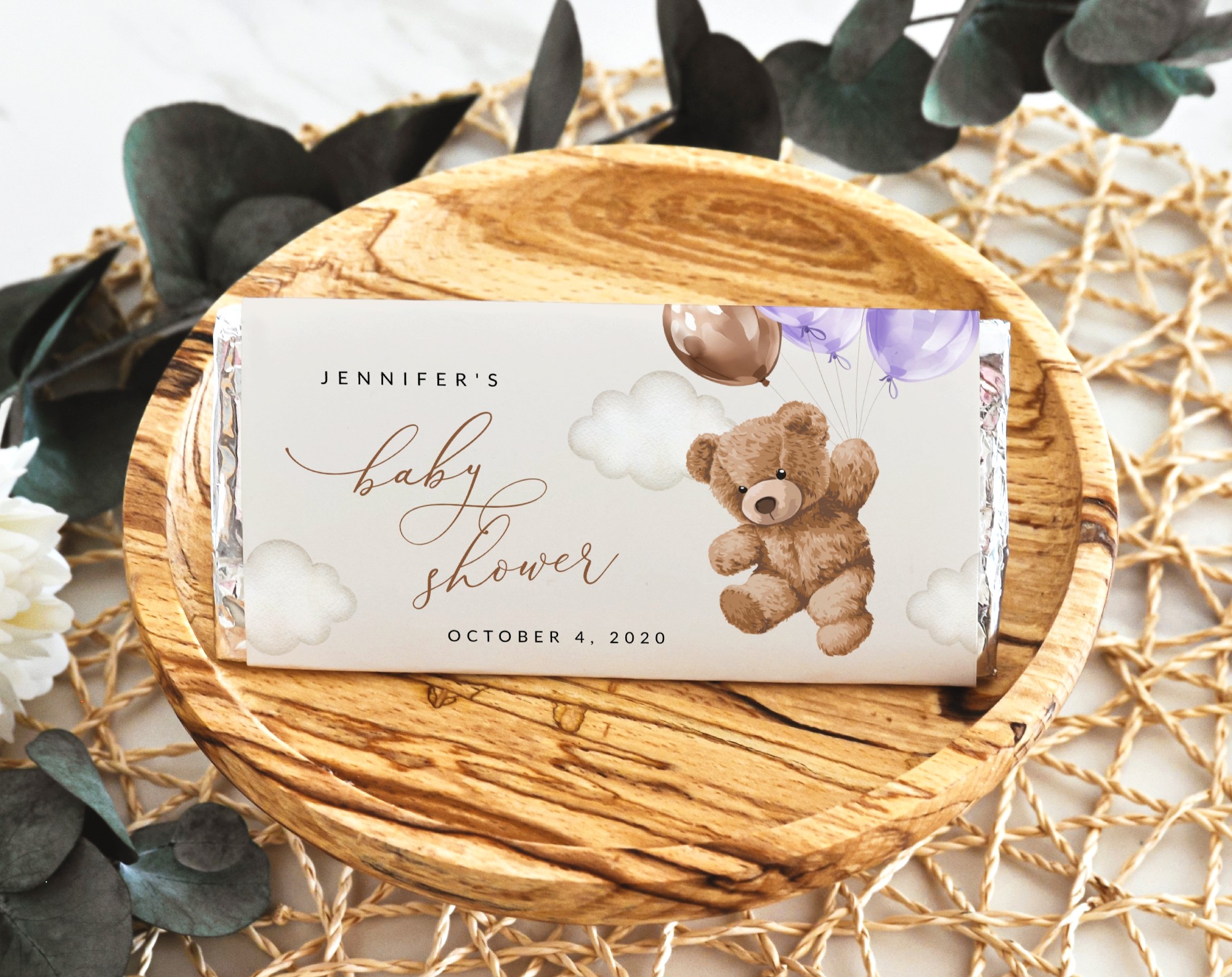 Teddy Bear with Purple Balloons Chocolate Bar Wrapper, Candy Bar Wrapper, Girl Baby Shower, Printable File, Edit Yourself, SH68