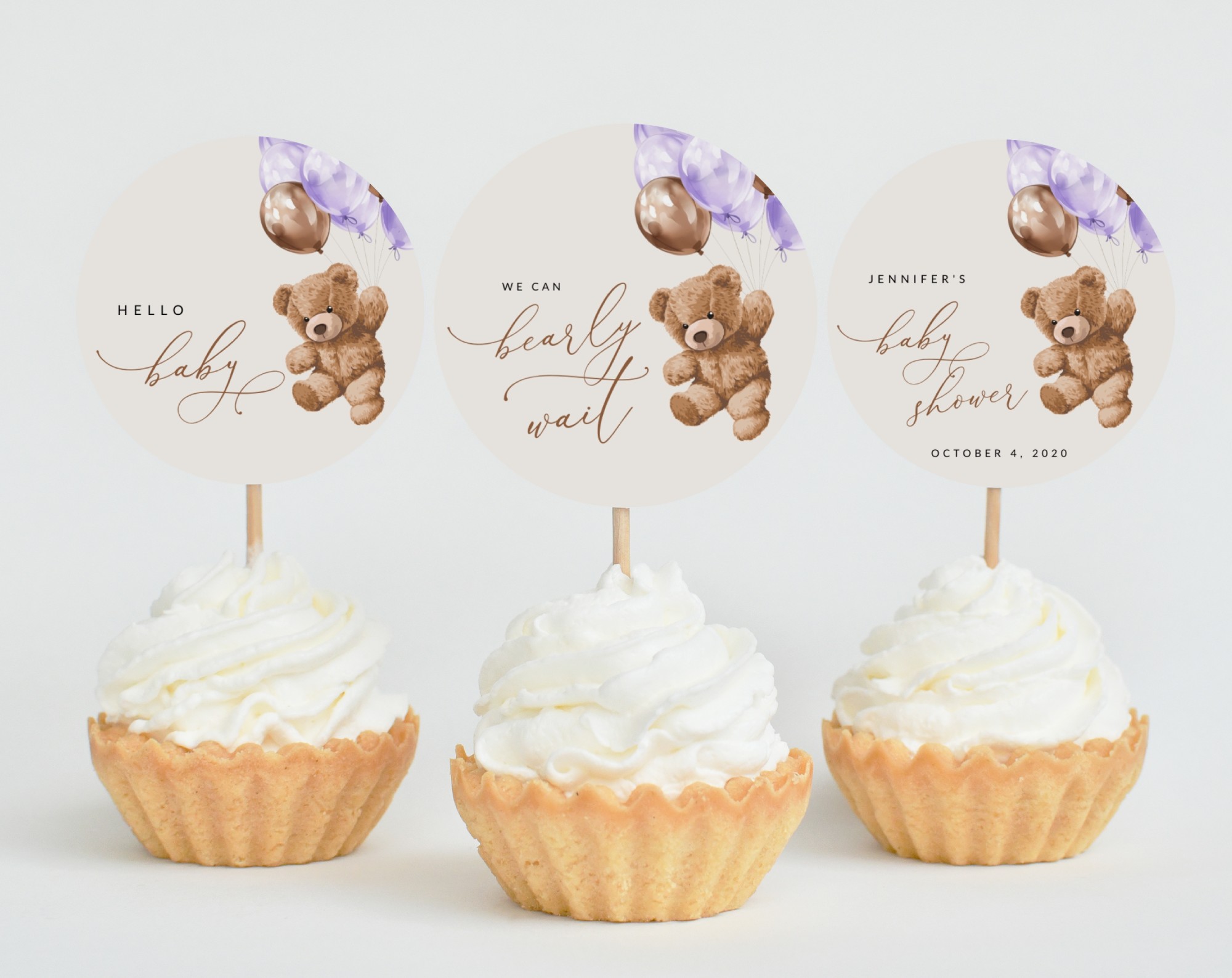 Teddy Bear with Purple Balloons Cupcake Toppers, Baby Shower Decoration, Girl Baby Shower, Printable File, Edit Yourself, SH68 Teddy Bear with Purple Balloons Cupcake Toppers, Baby Shower Decoration, Girl Baby Shower, Printable File, Edit Yourself, SH68