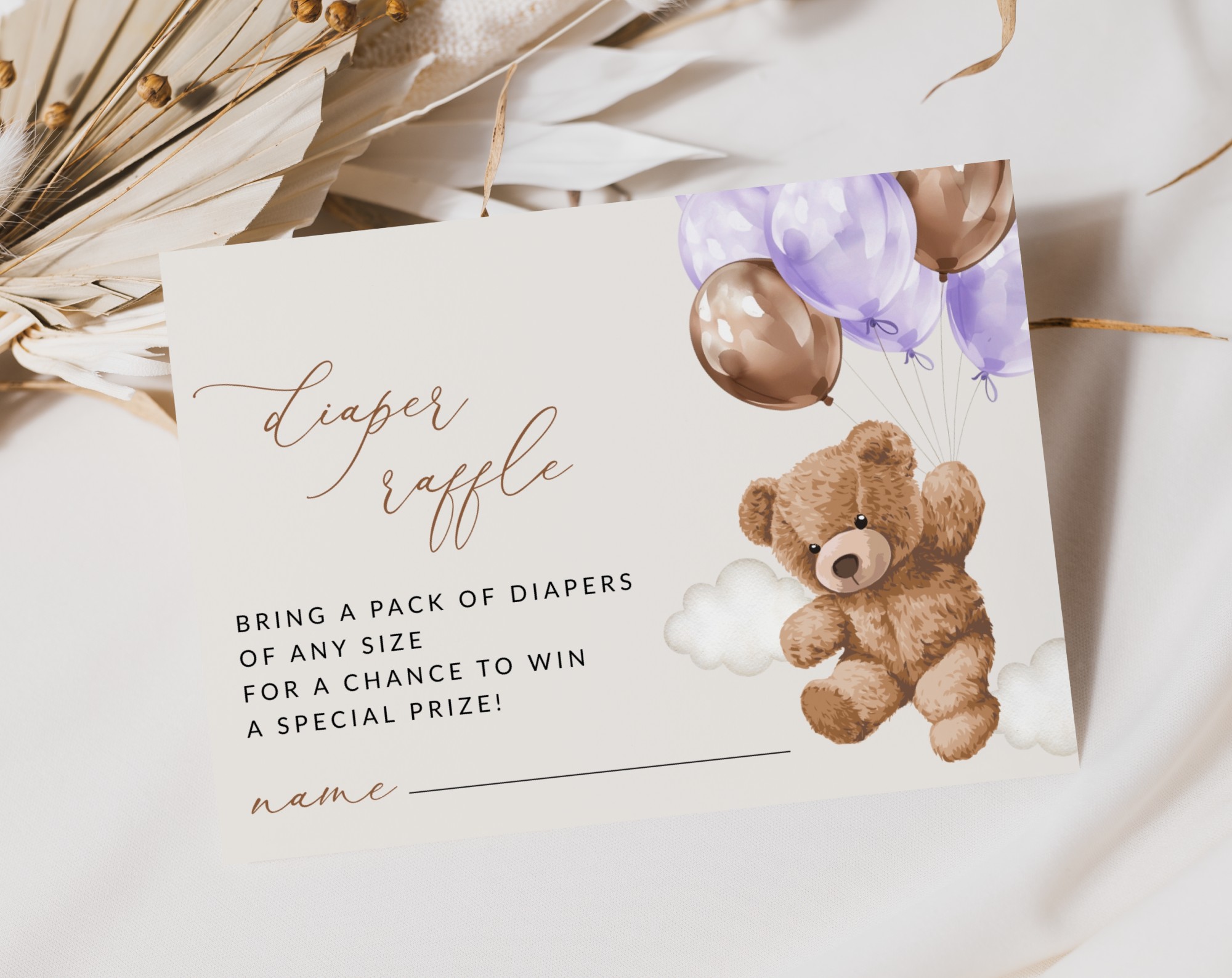 Teddy Bear with Purple Balloons Baby Shower Invitation Suite, Girl Baby Shower, Printable File, Edit Yourself, SH68