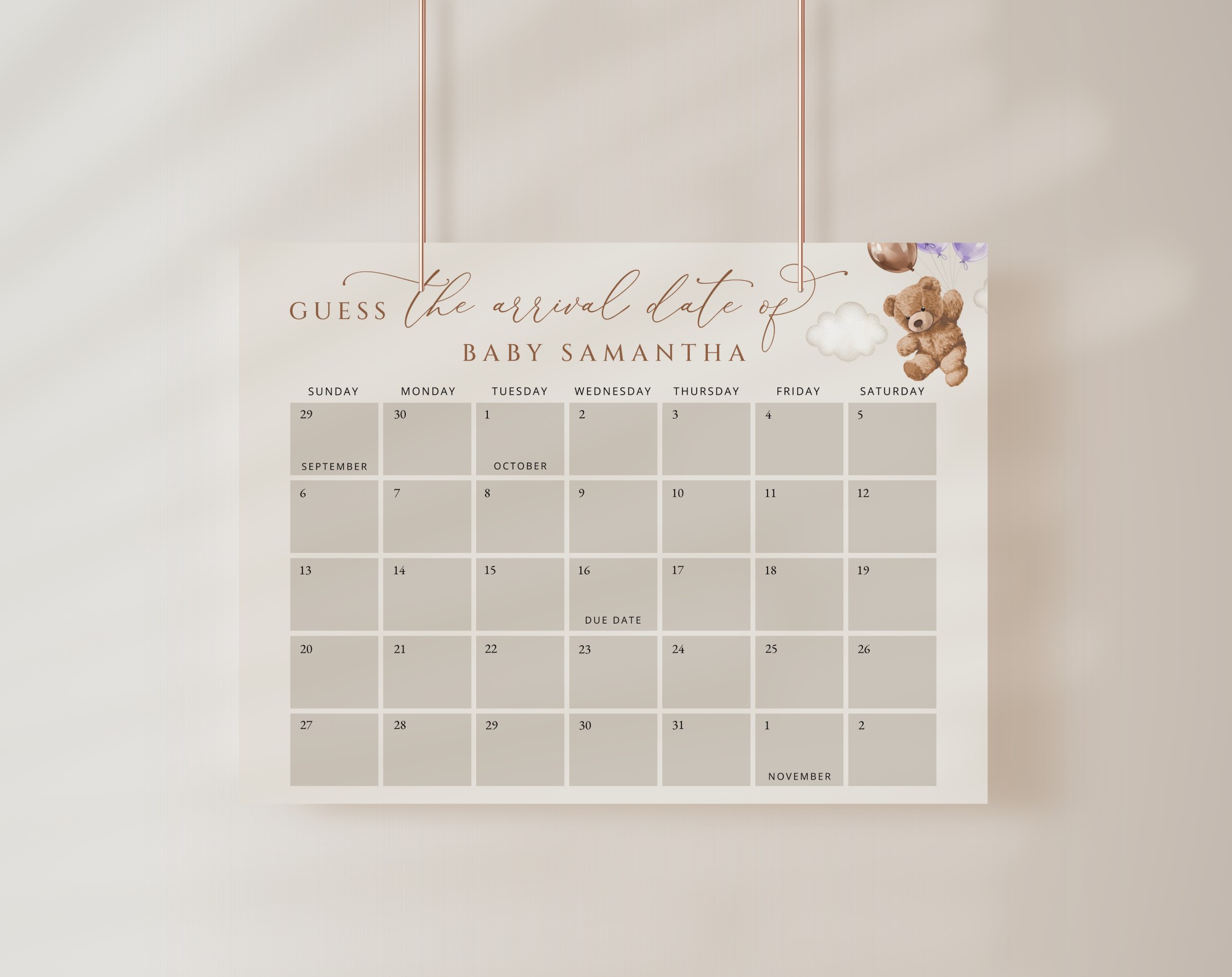 Teddy Bear with Purple Balloons Guess the Due Date, Baby Shower Game, Girl Baby Shower, Printable File, Edit Yourself, SH68