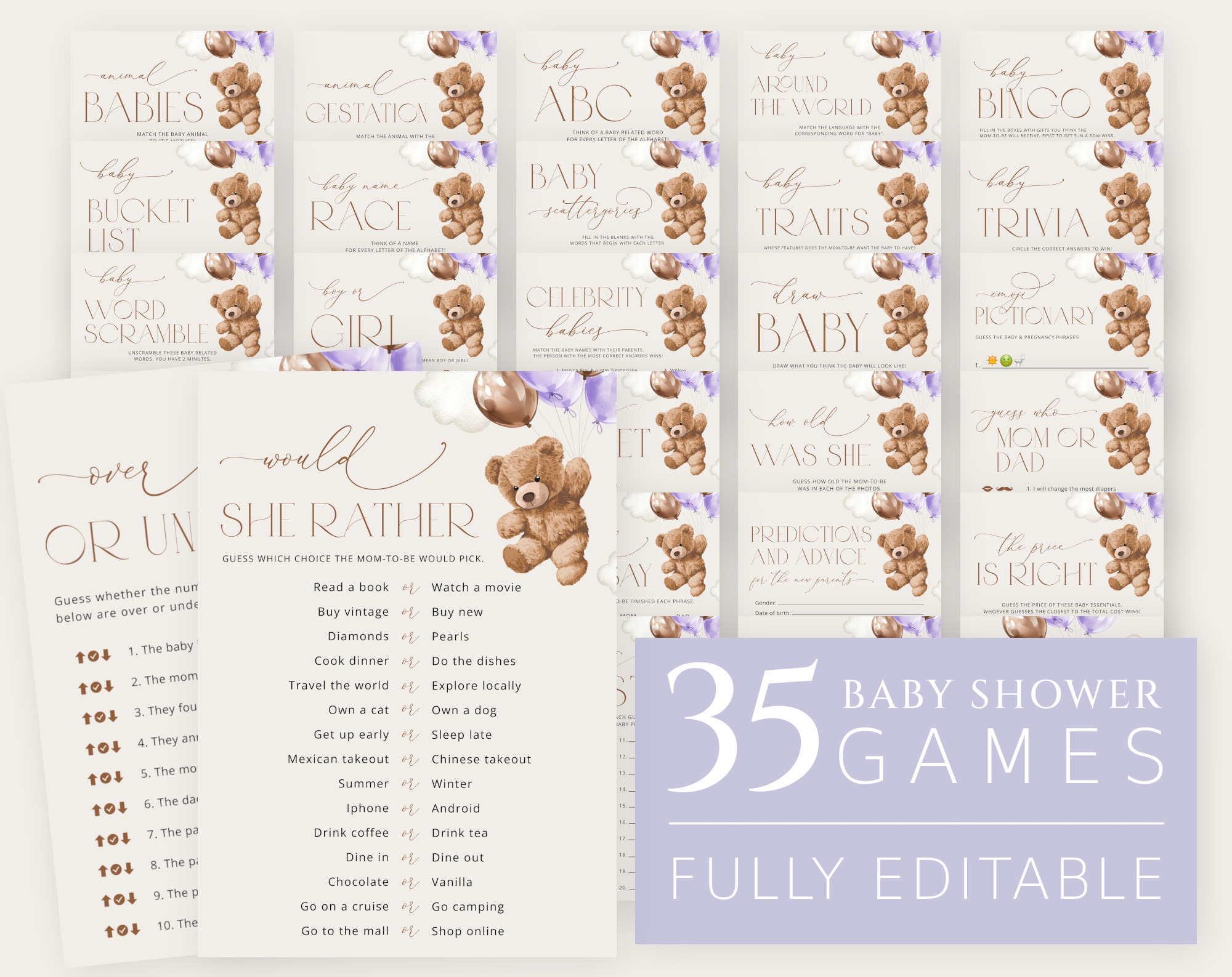 Teddy Bear with Purple Balloons Baby Shower Games Bundle, Set of 35 Games, Girl Baby Shower, Printable File, Edit Yourself, SH68 Teddy Bear with Purple Balloons Baby Shower Games Bundle, Set of 35 Games, Girl Baby Shower, Printable File, Edit Yourself, SH68
