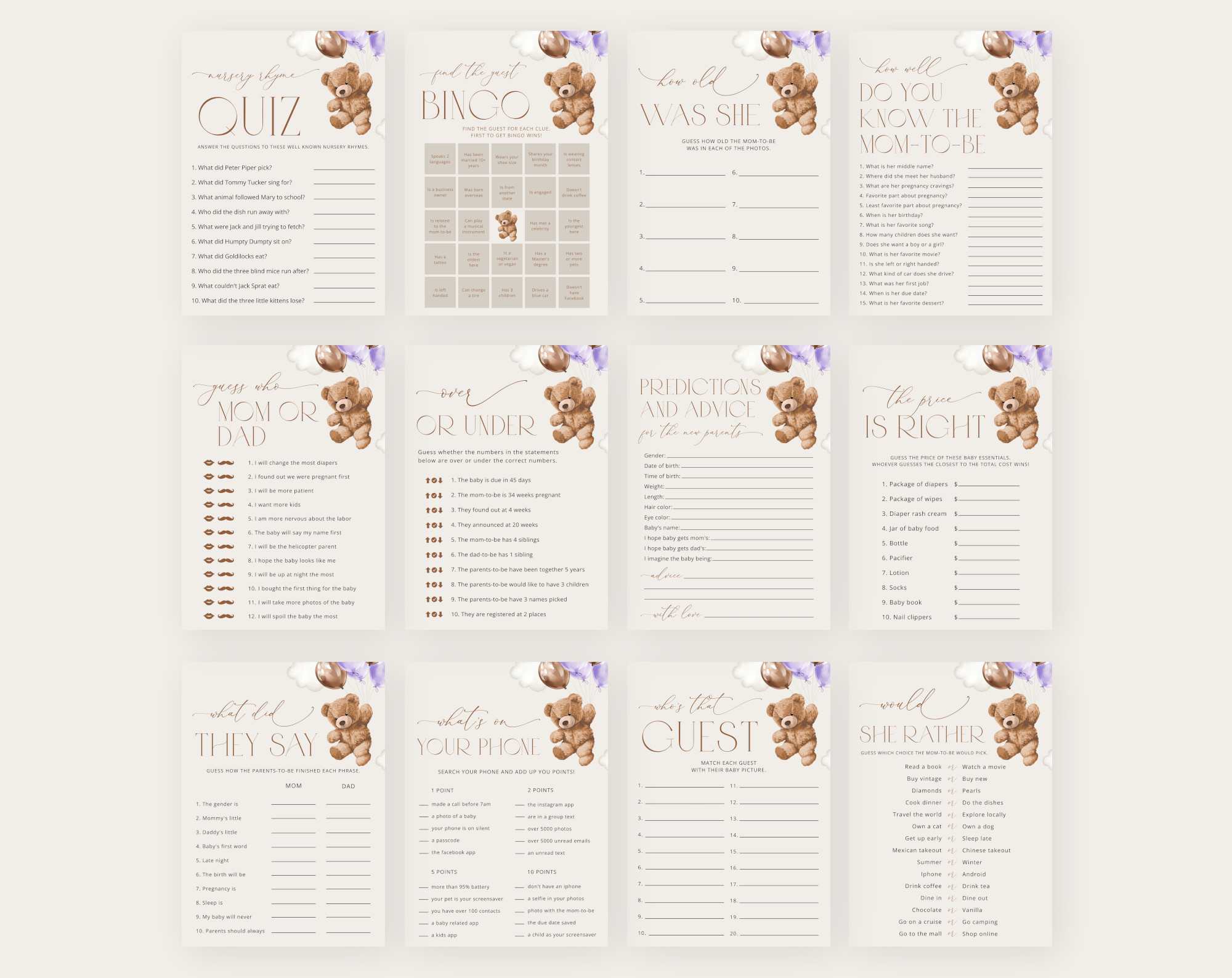 Teddy Bear with Purple Balloons Baby Shower Games Bundle, Set of 35 Games, Girl Baby Shower, Printable File, Edit Yourself, SH68 Teddy Bear with Purple Balloons Baby Shower Games Bundle, Set of 35 Games, Girl Baby Shower, Printable File, Edit Yourself, SH68