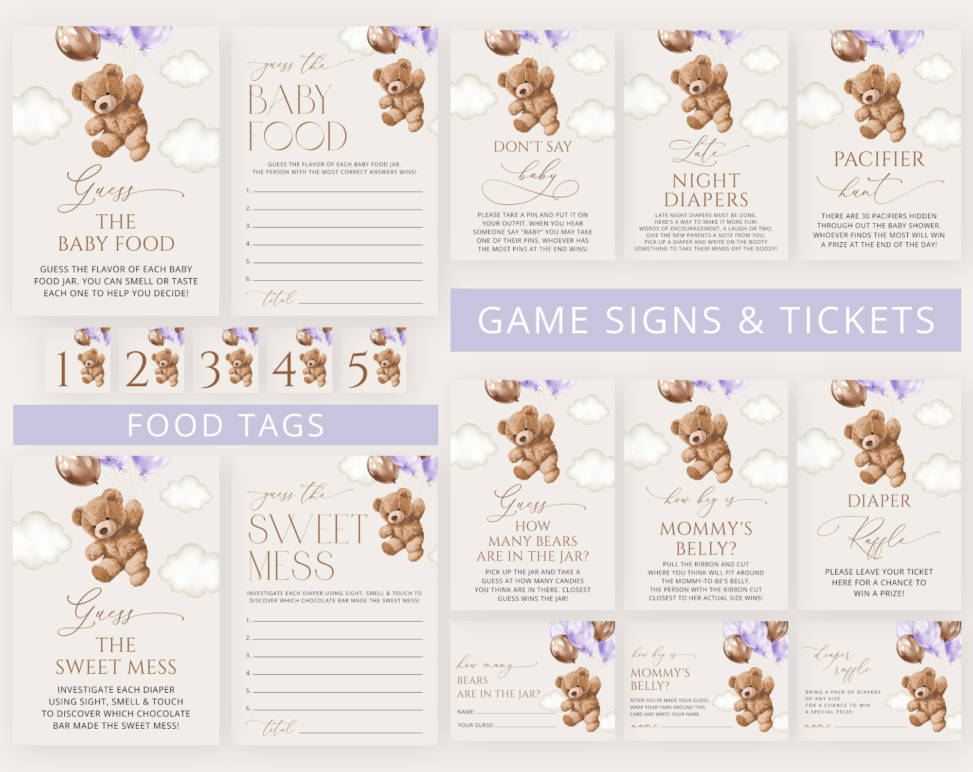 Teddy Bear with Purple Balloons Baby Shower Games Bundle, Set of 35 Games, Girl Baby Shower, Printable File, Edit Yourself, SH68 Teddy Bear with Purple Balloons Baby Shower Games Bundle, Set of 35 Games, Girl Baby Shower, Printable File, Edit Yourself, SH68