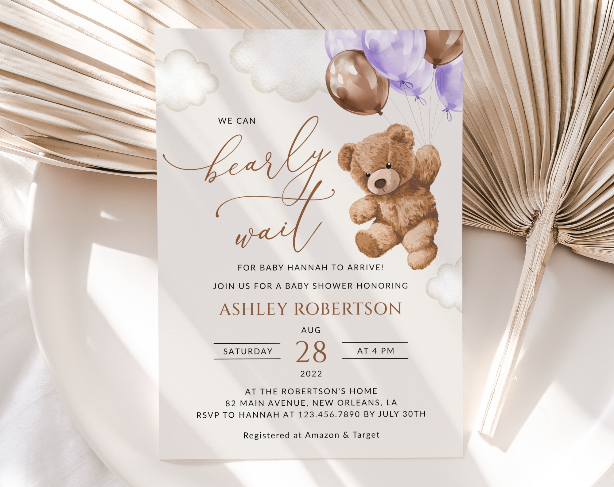 Teddy Bear with Purple Balloons Baby Shower Invitation, Girl Baby Shower, Printable File, Edit Yourself, SH68 Teddy Bear with Purple Balloons Baby Shower Invitation, Girl Baby Shower, Printable File, Edit Yourself, SH68