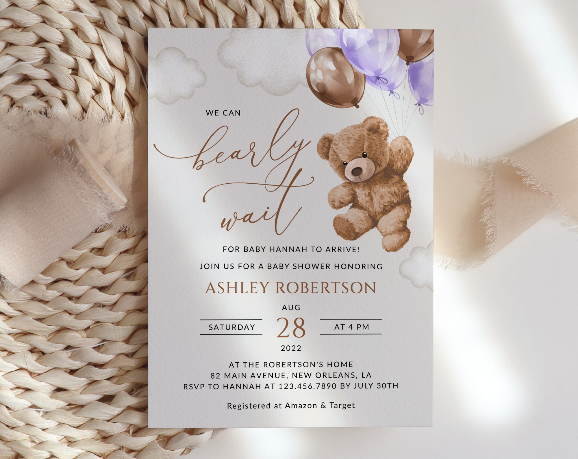 Teddy Bear with Purple Balloons Baby Shower Invitation, Girl Baby Shower, Printable File, Edit Yourself, SH68