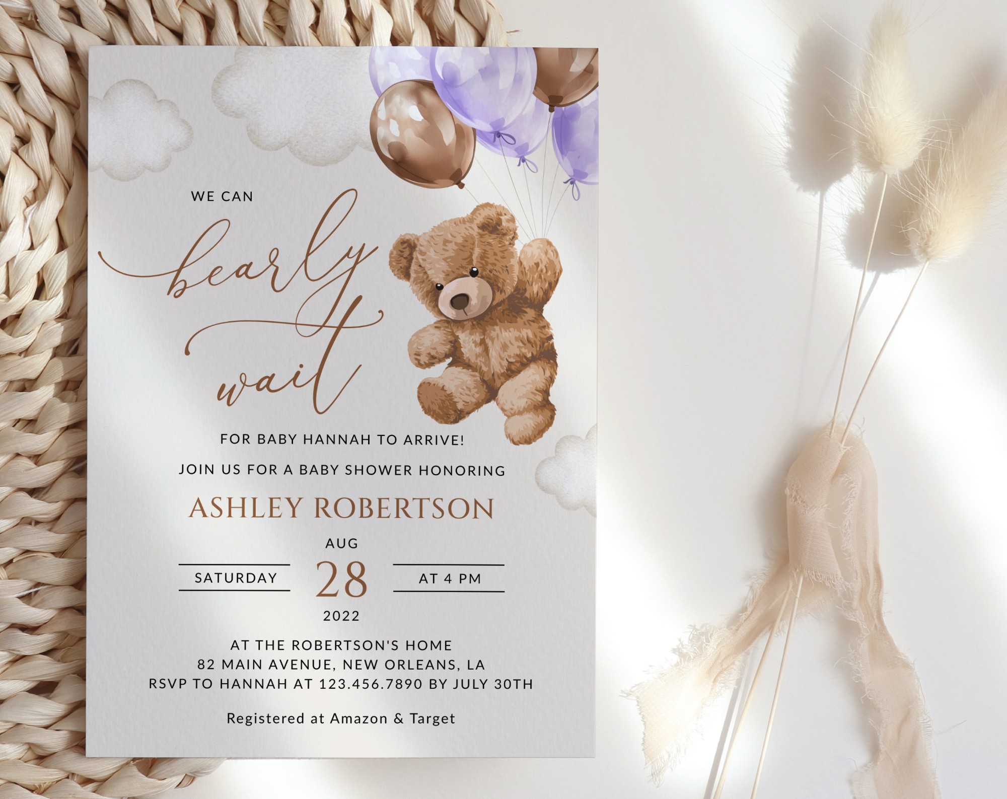 Teddy Bear with Purple Balloons Baby Shower Invitation, Girl Baby Shower, Printable File, Edit Yourself, SH68