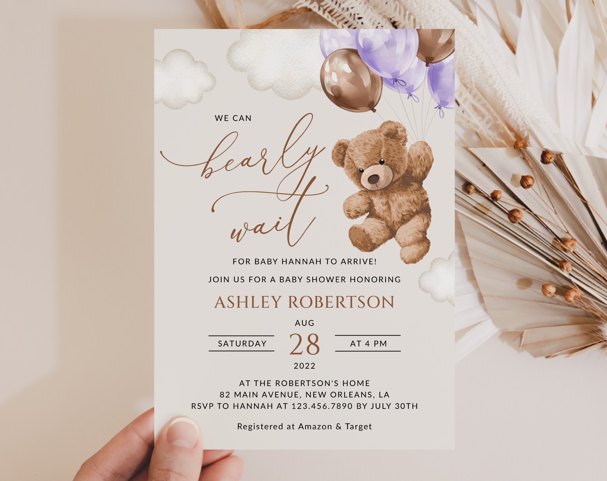 Teddy Bear with Purple Balloons Baby Shower Invitation, Girl Baby Shower, Printable File, Edit Yourself, SH68