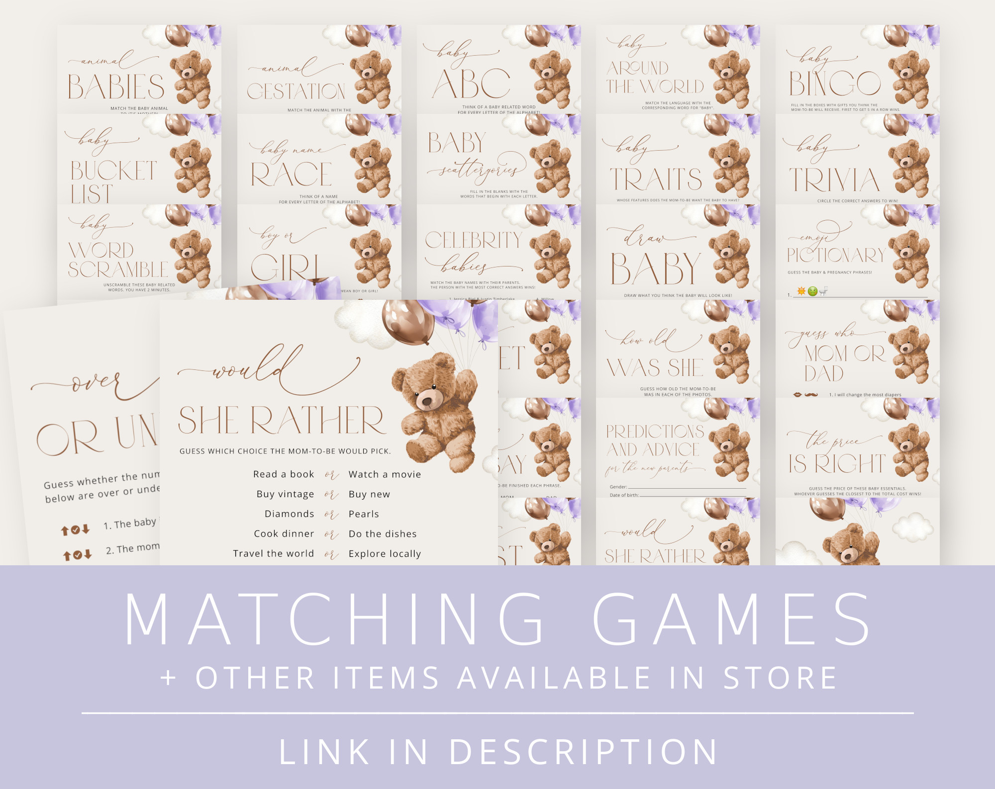 Teddy Bear with Purple Balloons Baby Shower Games Bundle, Set of 35 Games, Girl Baby Shower, Printable File, Edit Yourself, SH68
